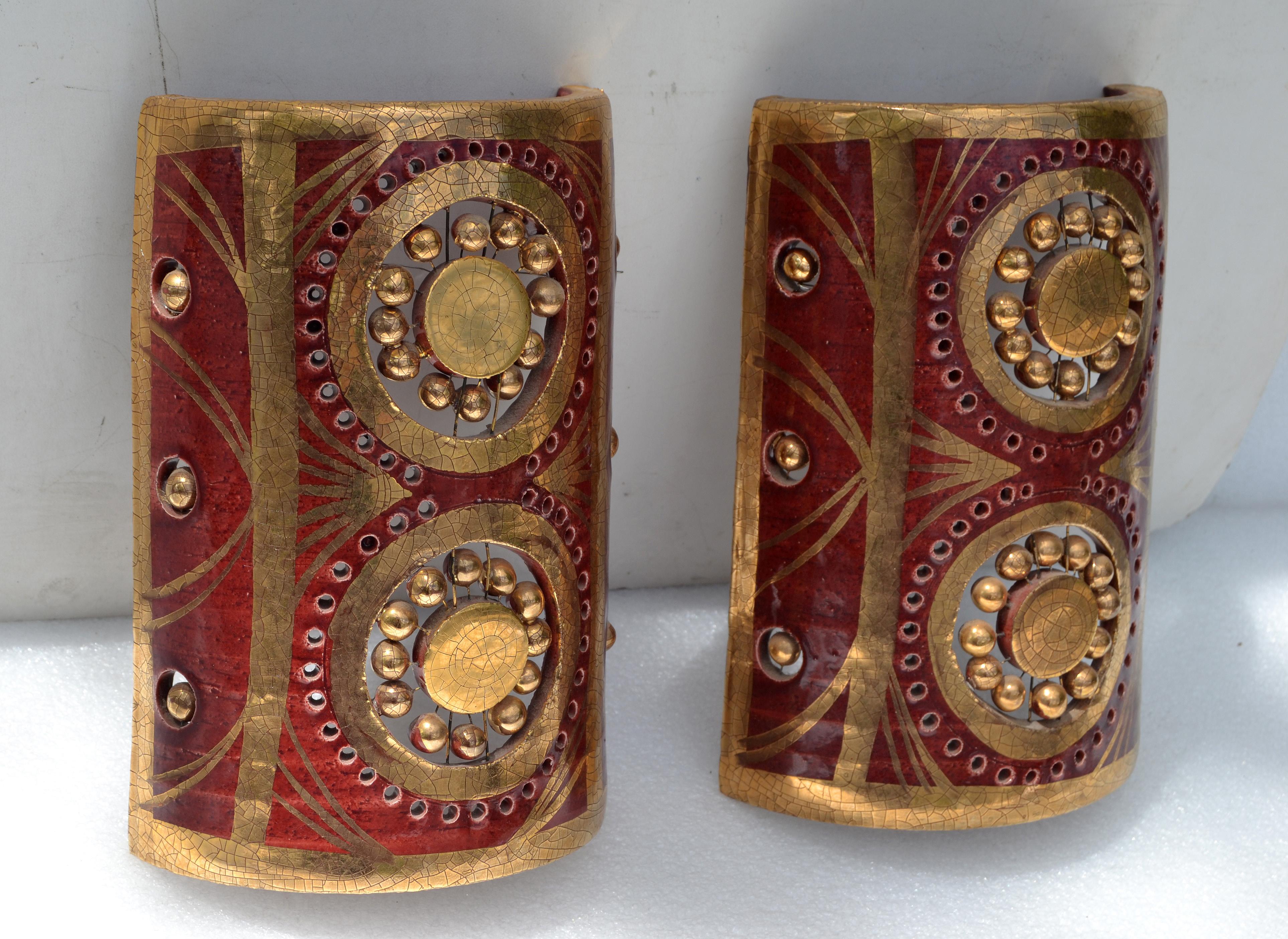 Hand-Painted Georges Pelletier Sconces Gold & Bordeaux Ceramic Wall Sconce France Two For Sale