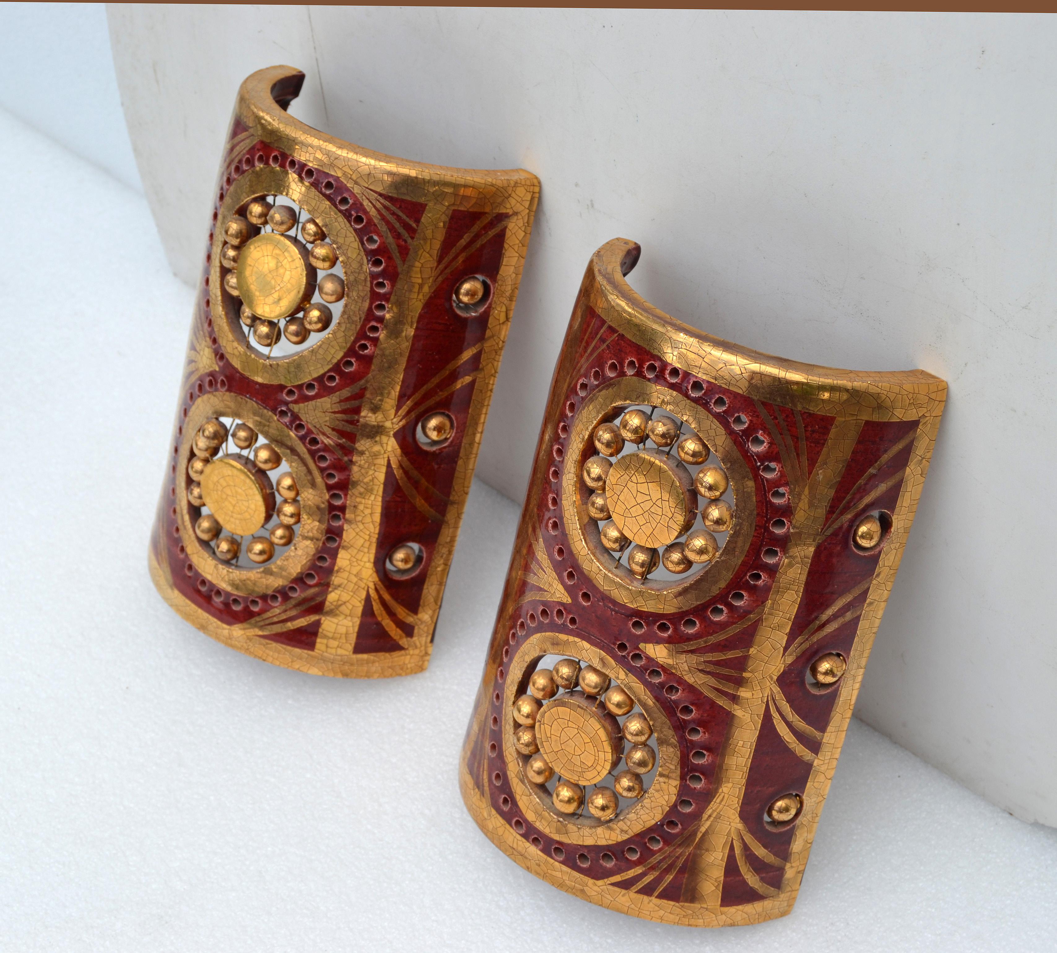 Georges Pelletier Sconces Gold & Bordeaux Ceramic Wall Sconce France Two In Good Condition For Sale In Miami, FL