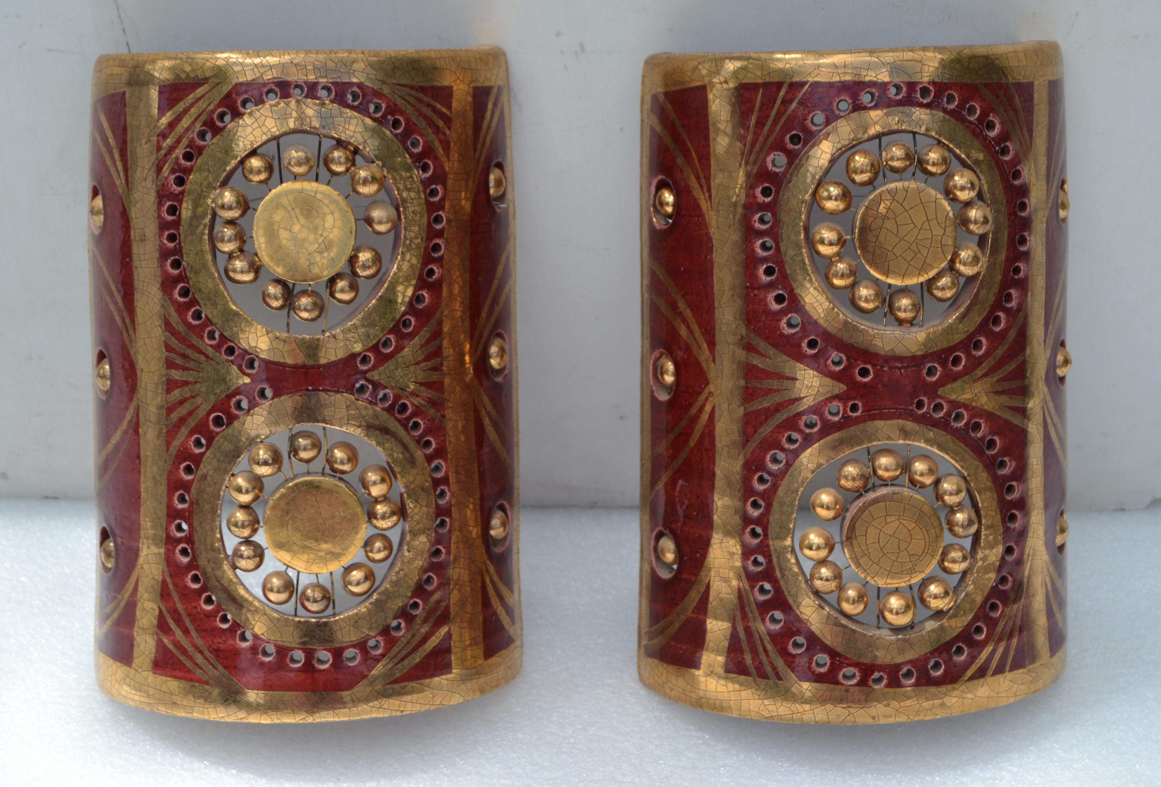 Mid-20th Century Georges Pelletier Sconces Gold & Bordeaux Ceramic Wall Sconce France Two For Sale