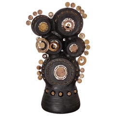 Georges Pelletier Sculpture Lamp in Bluish Black & Gold Enameled Ceramic