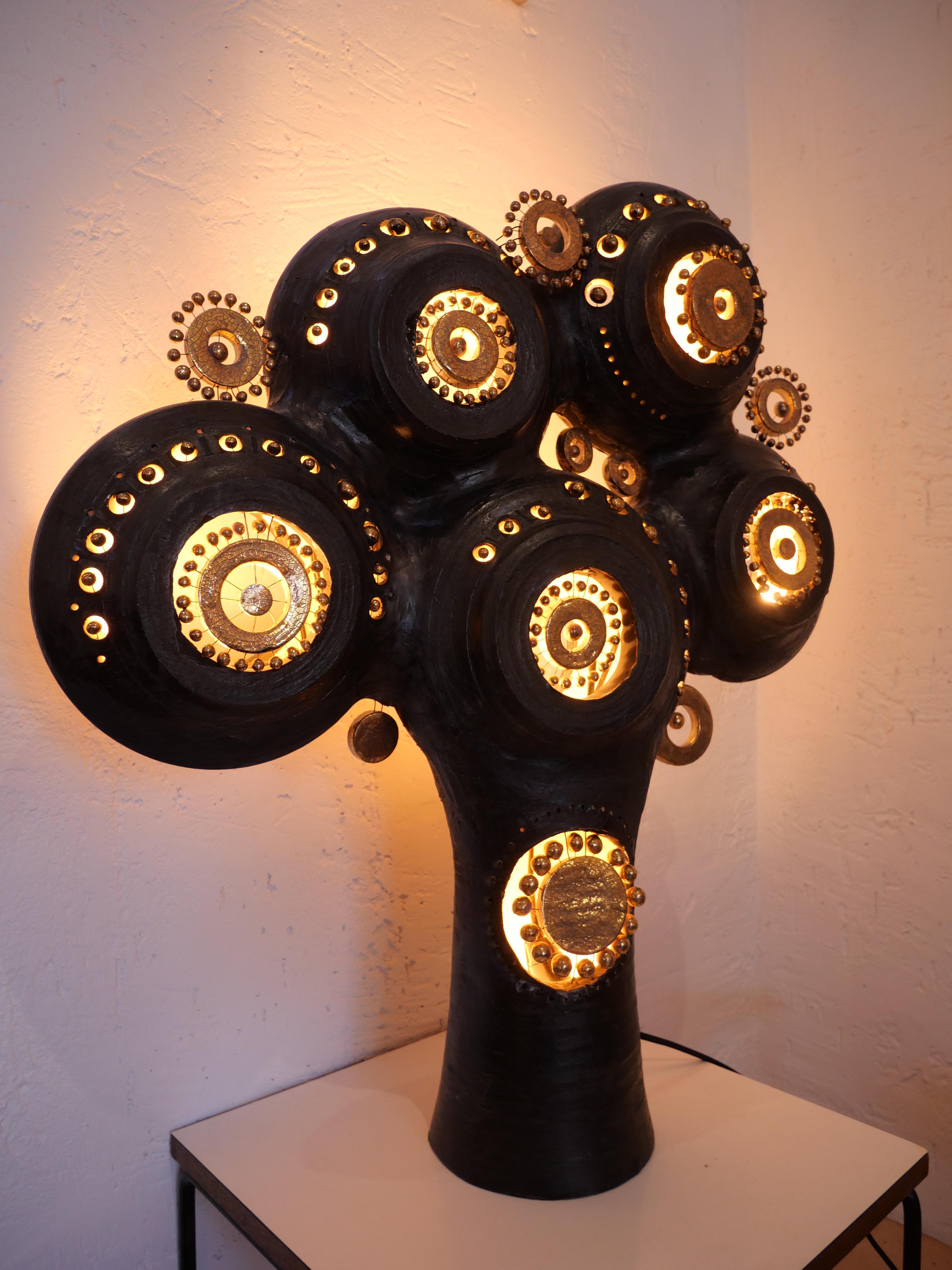 Georges Pelletier Sculpture Lamp in Bluish Black Gold Platine Enameled Ceramic 1