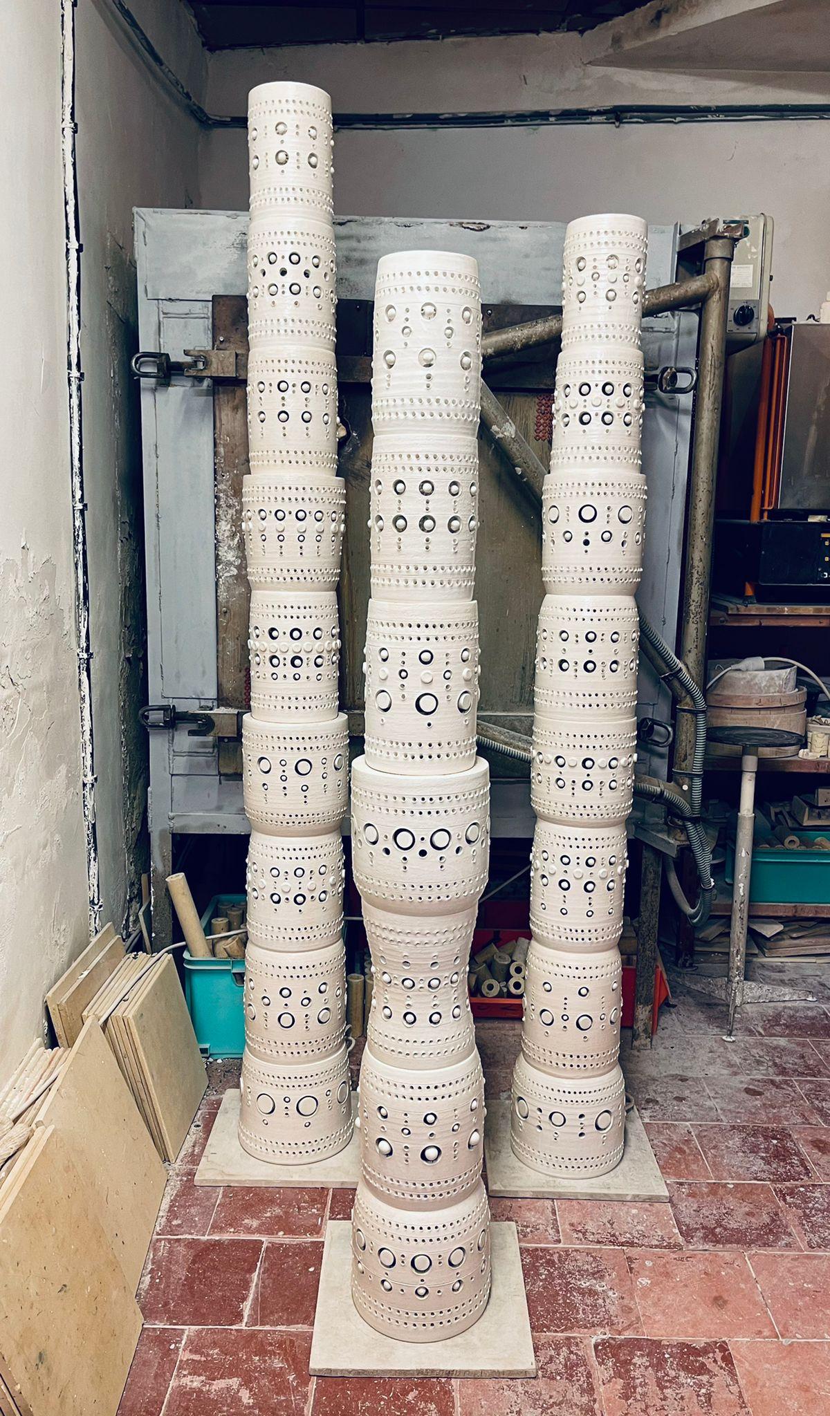 Other Georges Pelletier Set of 3 TOTEM Floor Lamps in White Enameled Ceramic, 2021