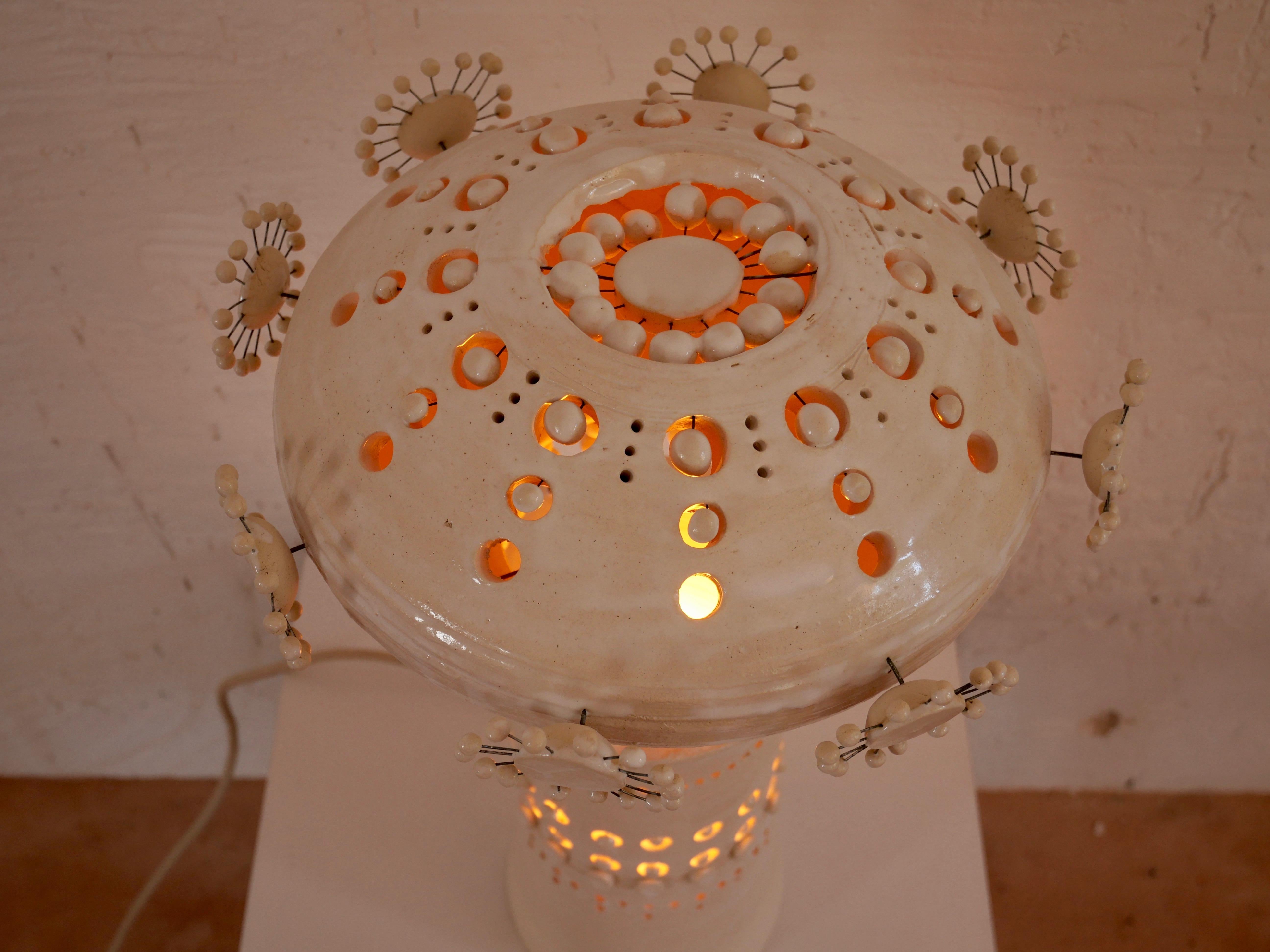 French Georges Pelletier Sputnik Table Lamp in White Enameled Ceramic, France, 2020