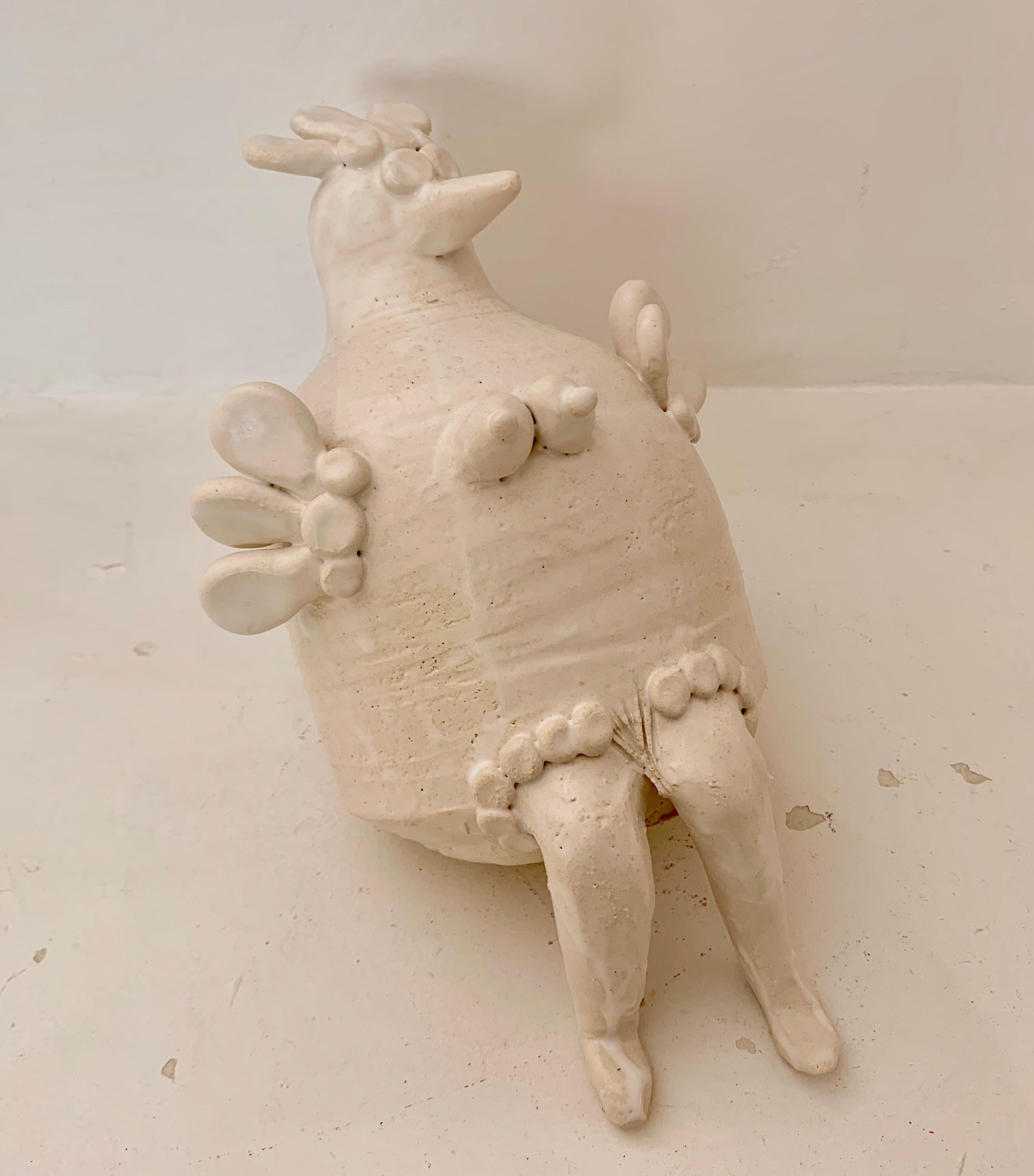 French Georges Pelletier White Enameled Ceramic Hen Sculpture, France, 2020