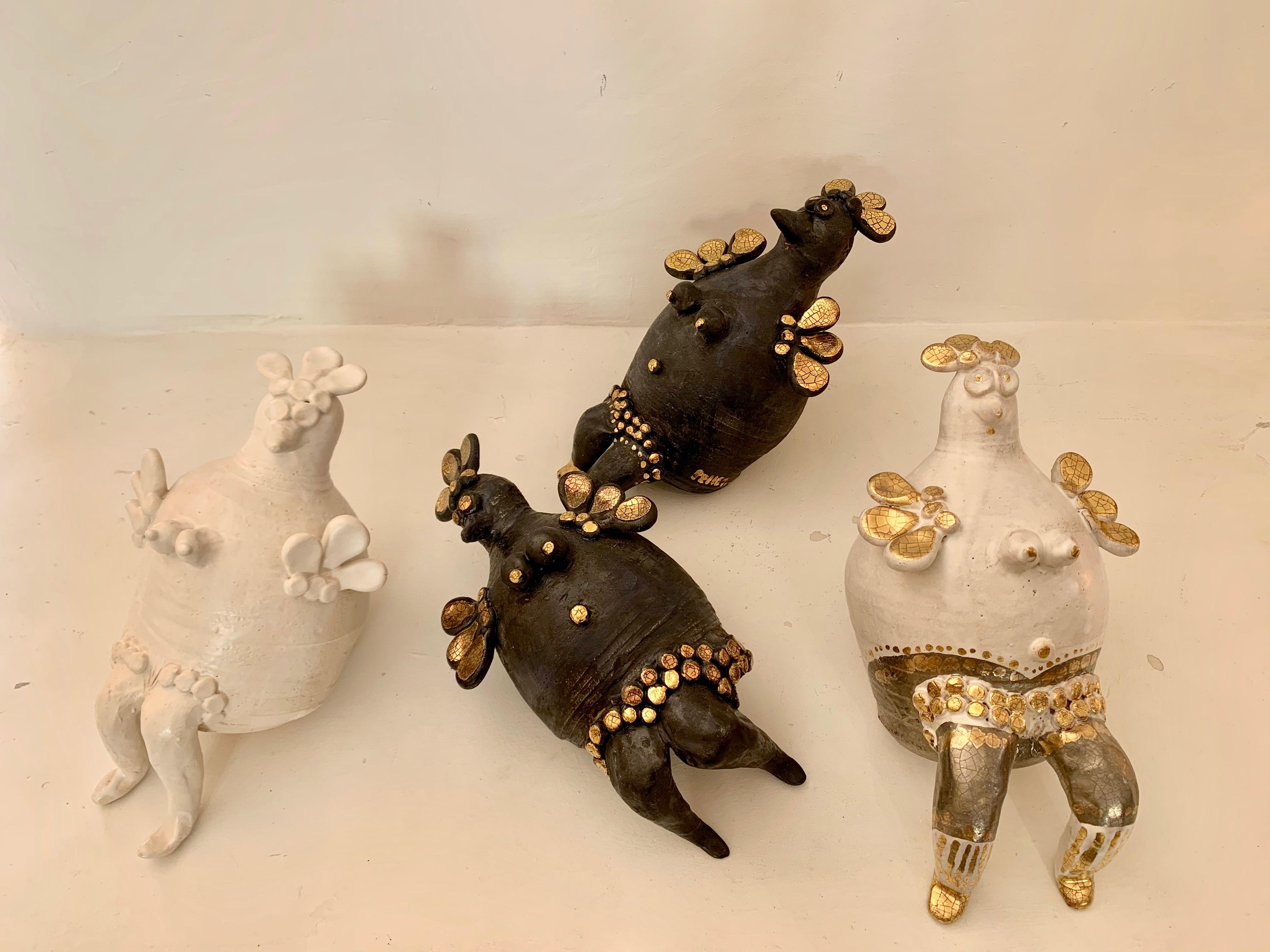 Georges Pelletier White, Gold and Platinum Enameled Ceramic Hen Sculpture 4