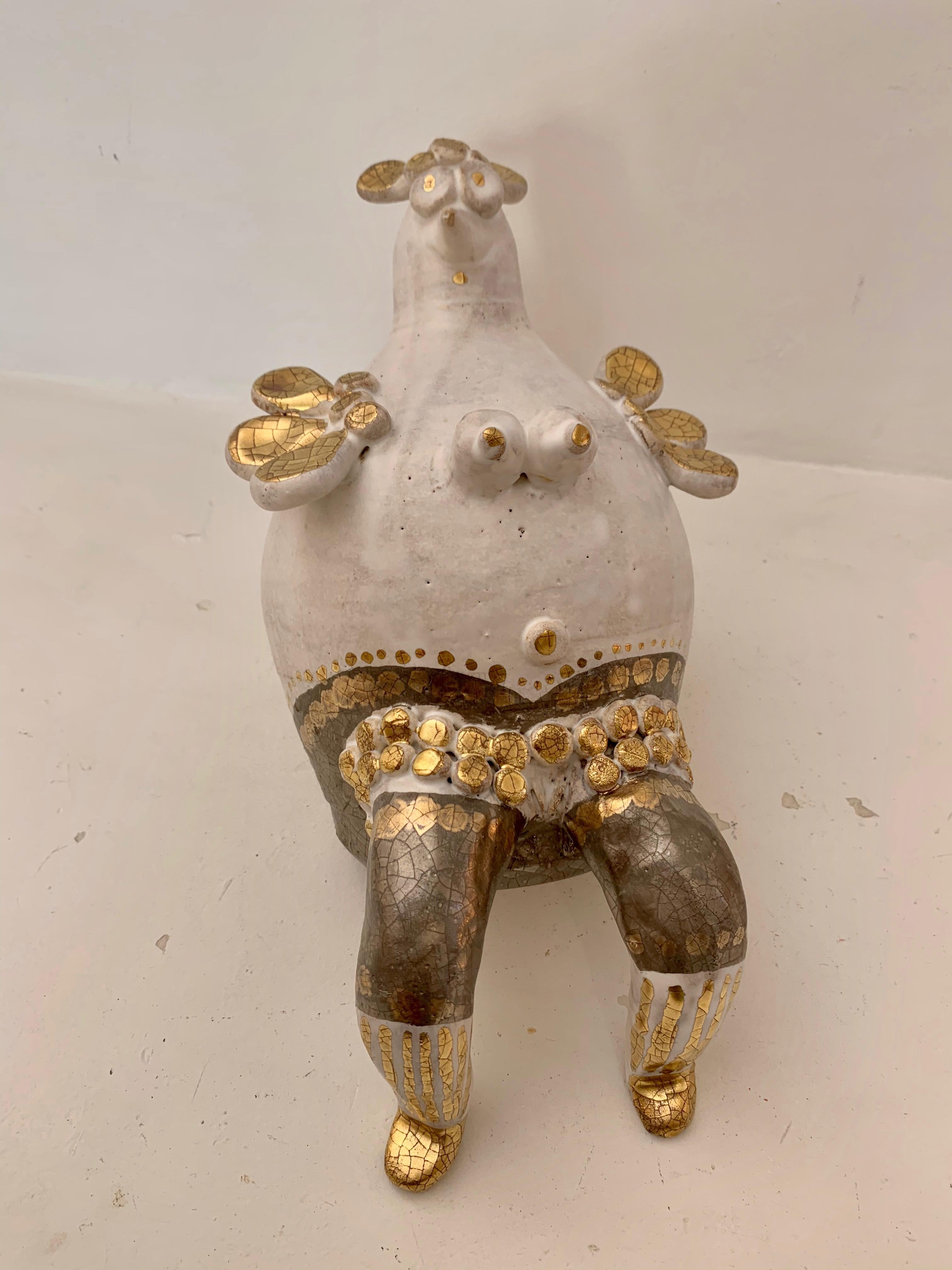 Other Georges Pelletier White, Gold and Platinum Enameled Ceramic Hen Sculpture