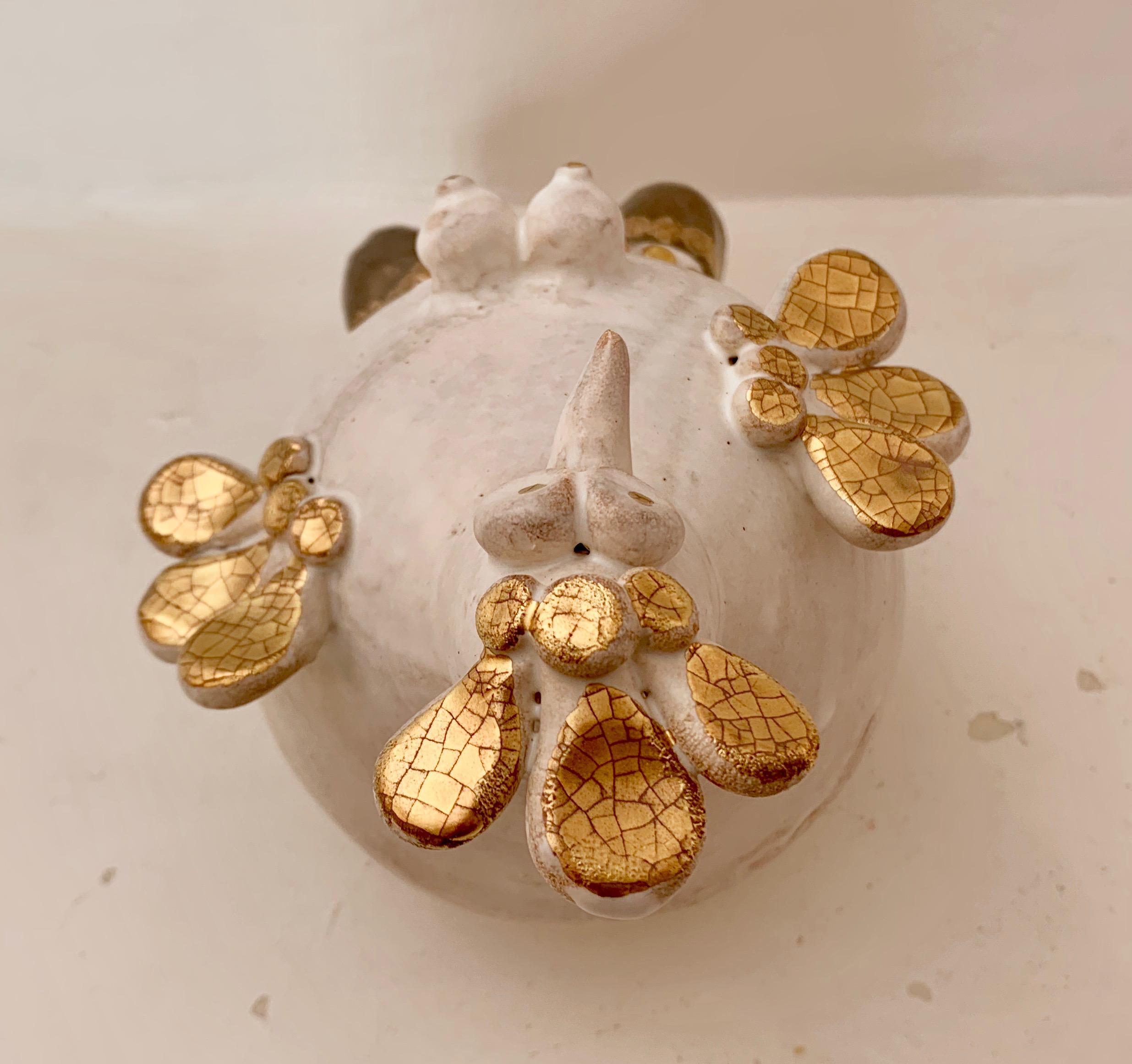 Georges Pelletier White, Gold and Platinum Enameled Ceramic Hen Sculpture 1