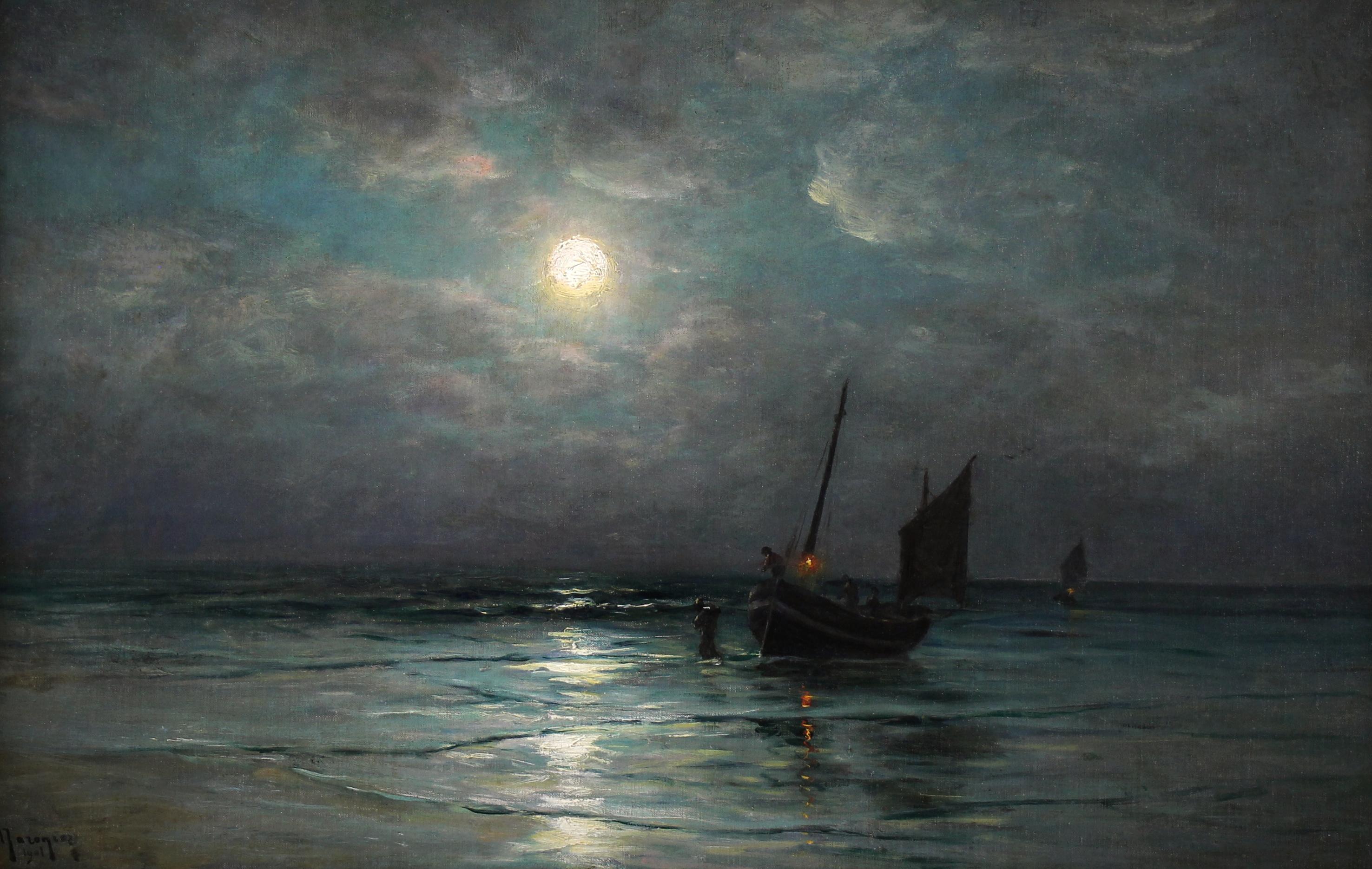 Scena costiera e pescherecci al chiaro di luna, pittura a olio francese Di G. Maroniez - Painting di Georges Philibert Charles Maroniez