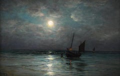 Coastal scene and fishing boats at moonlight, French Oil painting By G. Maroniez