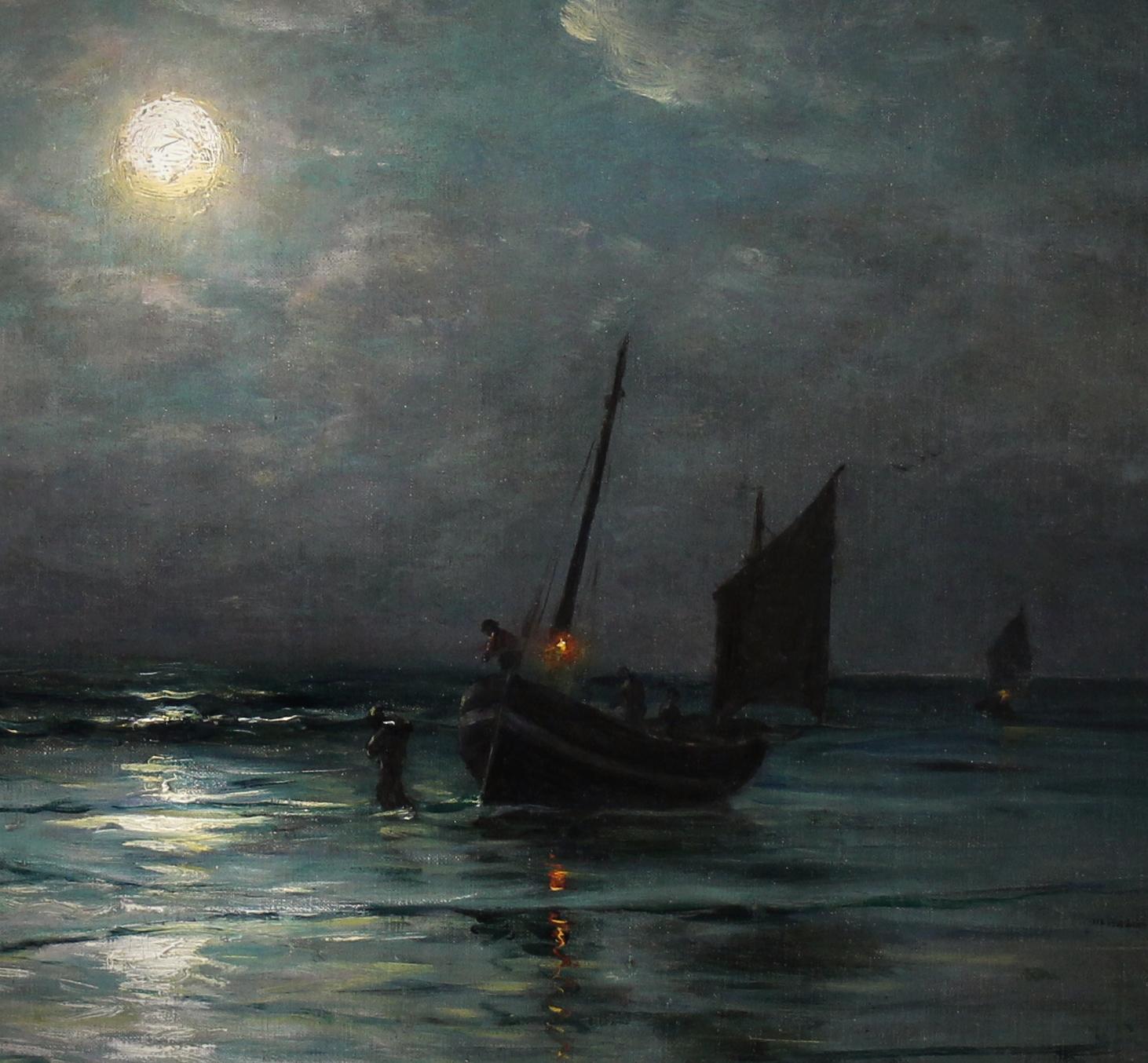 Scena costiera e pescherecci al chiaro di luna, pittura a olio francese Di G. Maroniez - Painting Impressionismo di Georges Philibert Charles Maroniez