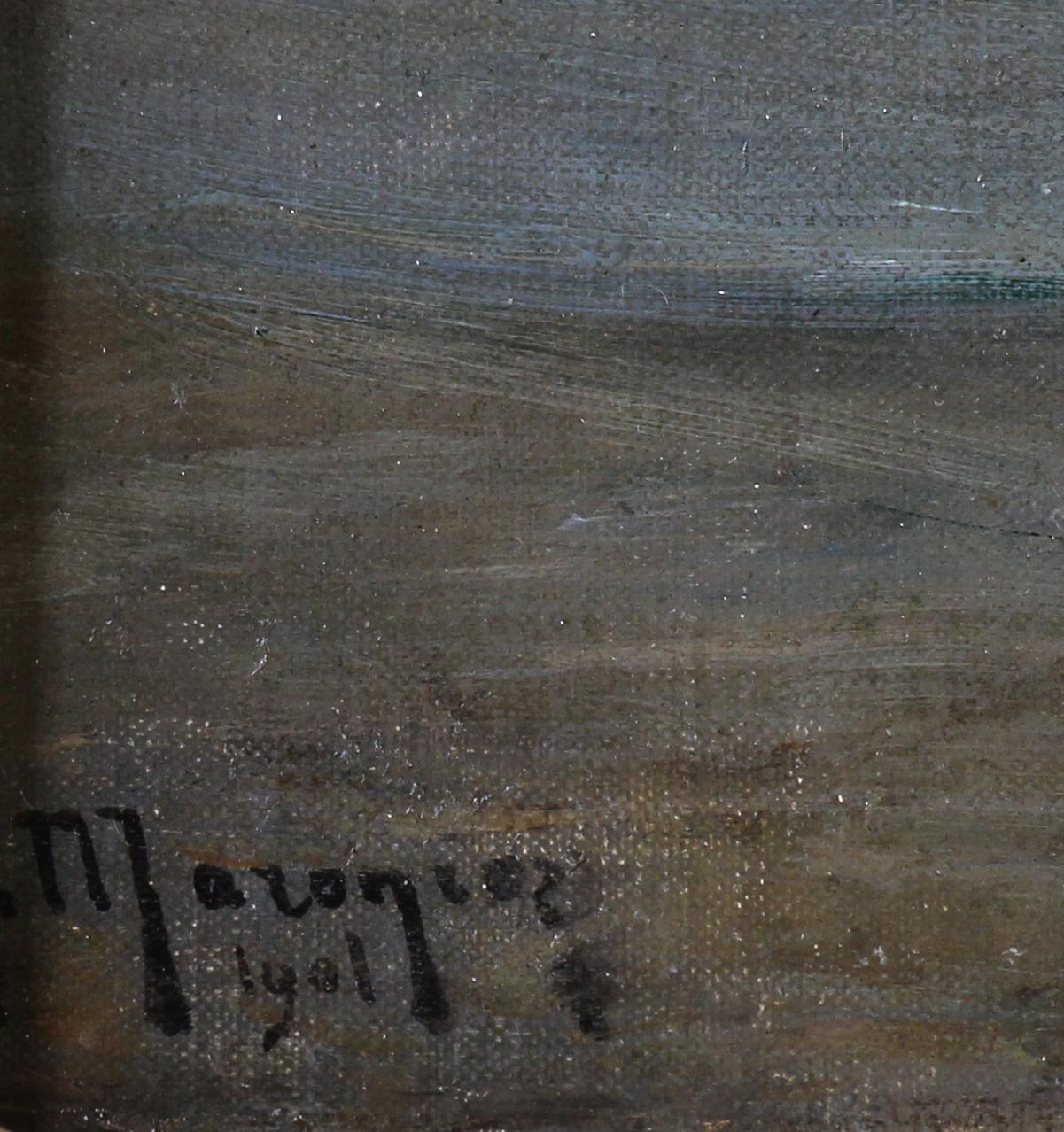 Scena costiera e pescherecci al chiaro di luna, pittura a olio francese Di G. Maroniez - Landscape Painting Marrone di Georges Philibert Charles Maroniez