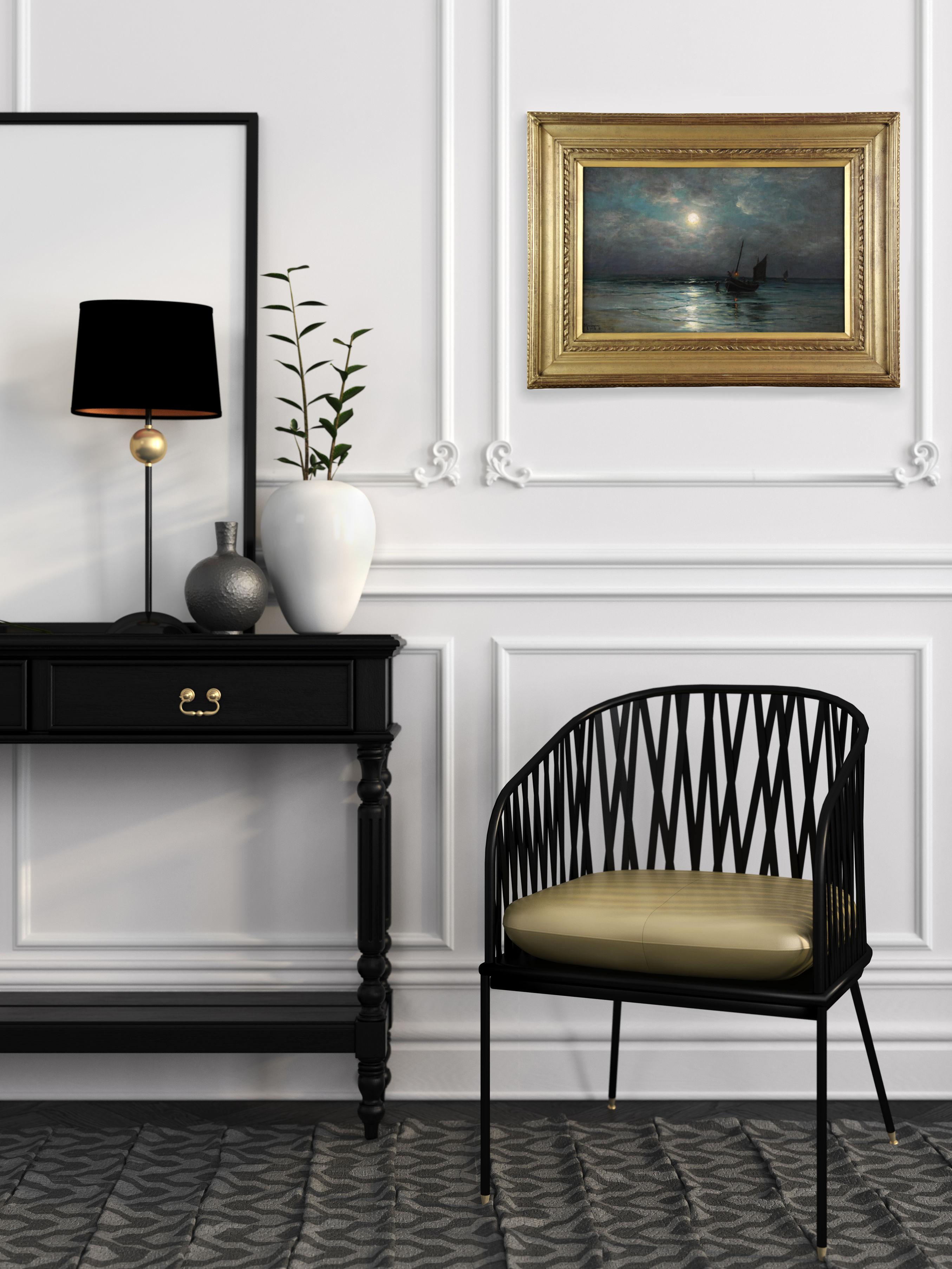 Scena costiera e pescherecci al chiaro di luna, pittura a olio francese Di G. Maroniez in vendita 1