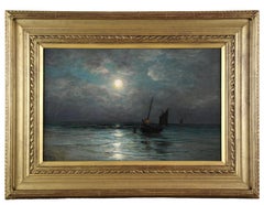 Coastal scene and fishing boats at moonlight, French Oil painting By G. Maroniez