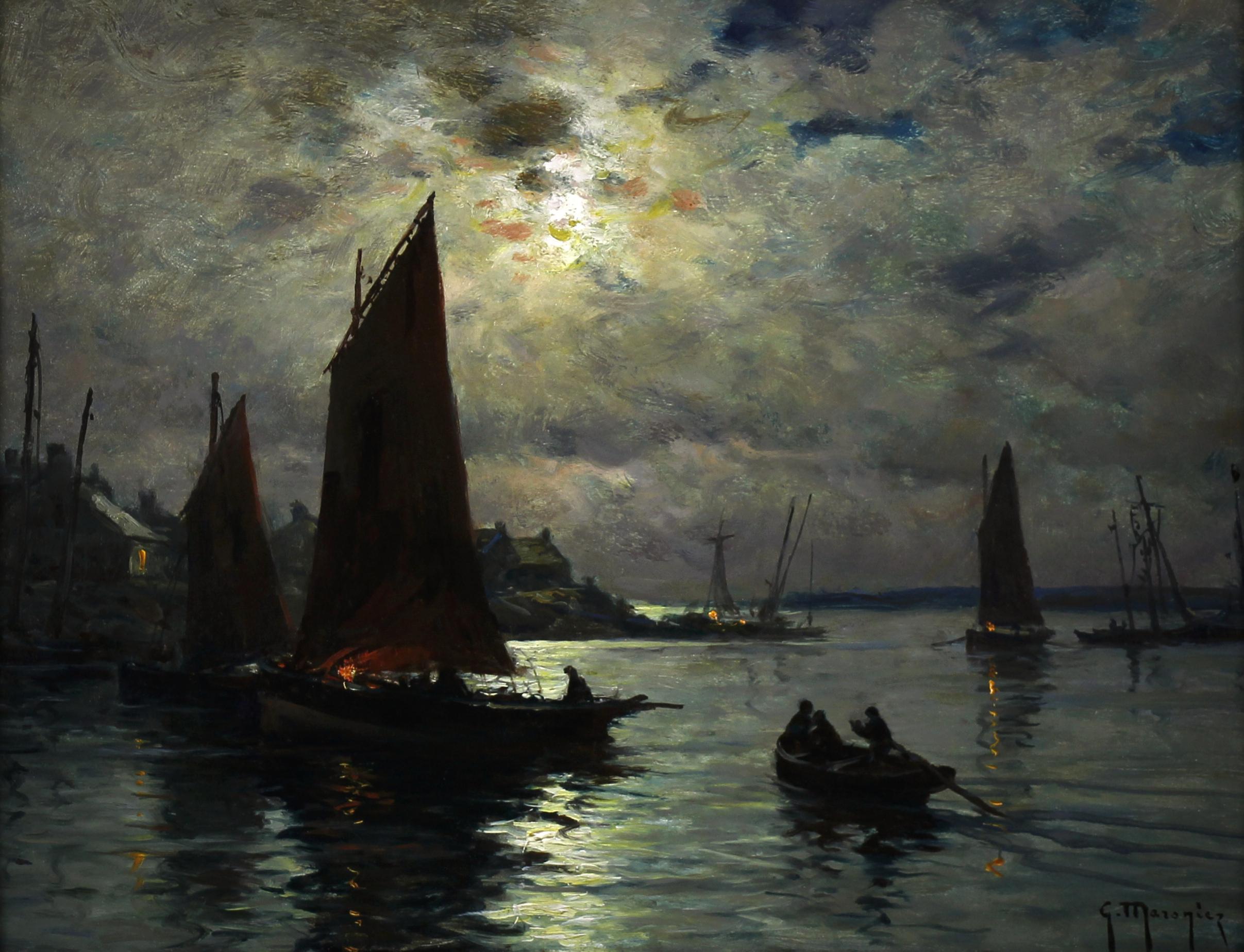 Porto e pescherecci al tramonto, dipinto a olio francese di Georges Maroniez - Painting di Georges Philibert Charles Maroniez