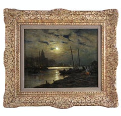 Porto e pescherecci al tramonto, dipinto a olio francese di Georges Maroniez