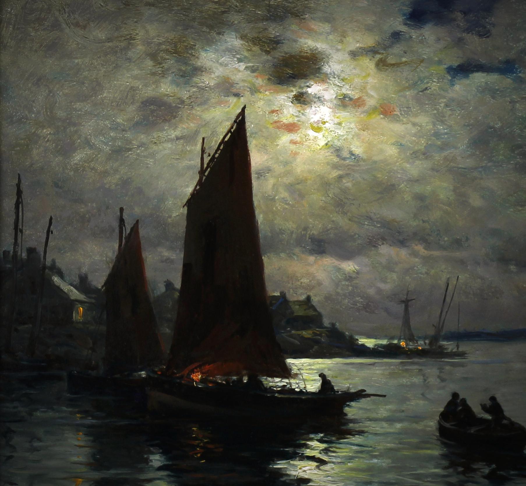 Porto e pescherecci al tramonto, dipinto a olio francese di Georges Maroniez - Painting Impressionismo di Georges Philibert Charles Maroniez