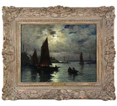 Porto e pescherecci al tramonto, dipinto a olio francese di Georges Maroniez