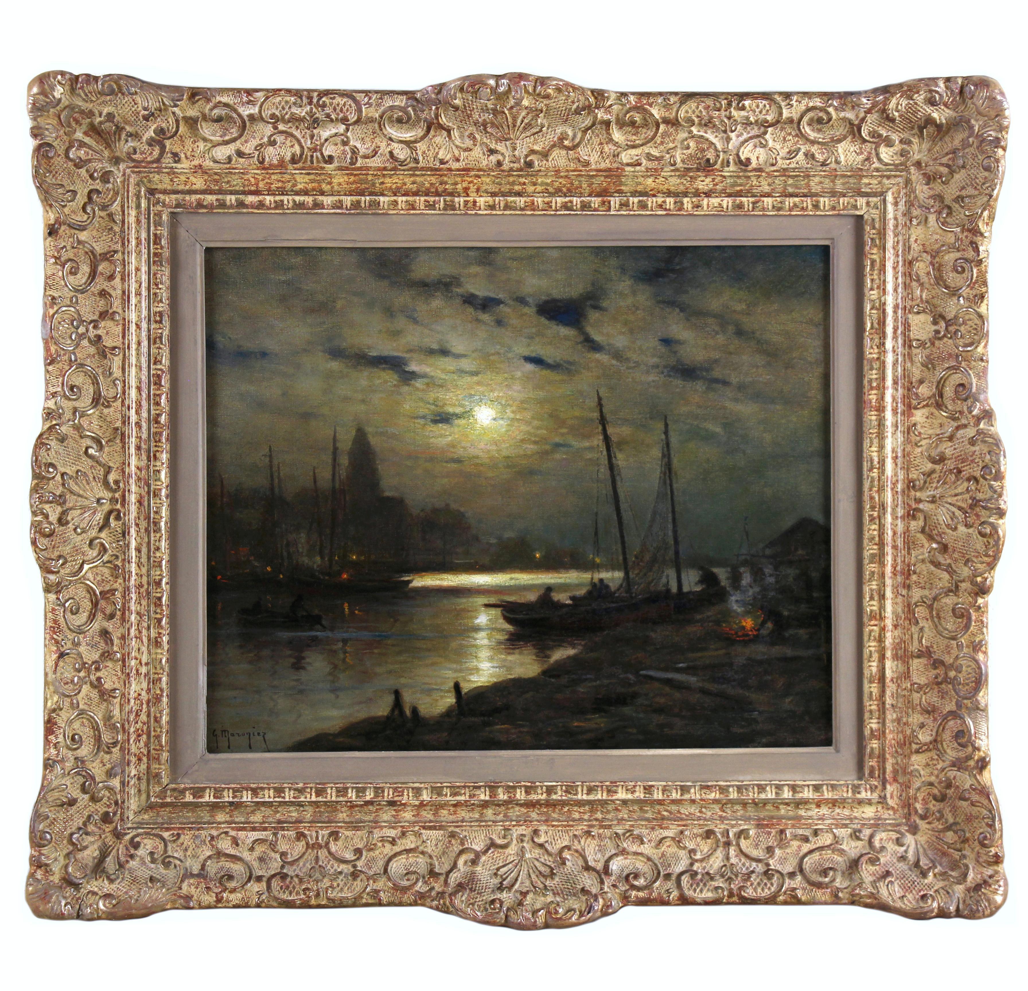 Landscape Painting de Georges Philibert Charles Maroniez - Harbor And Fishing Boats At Dusk, French Oil painting By Georges Maroniez