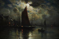 Port and Fishing Boats at Dusk, French Oil painting on panel, G Maroniez, Framed