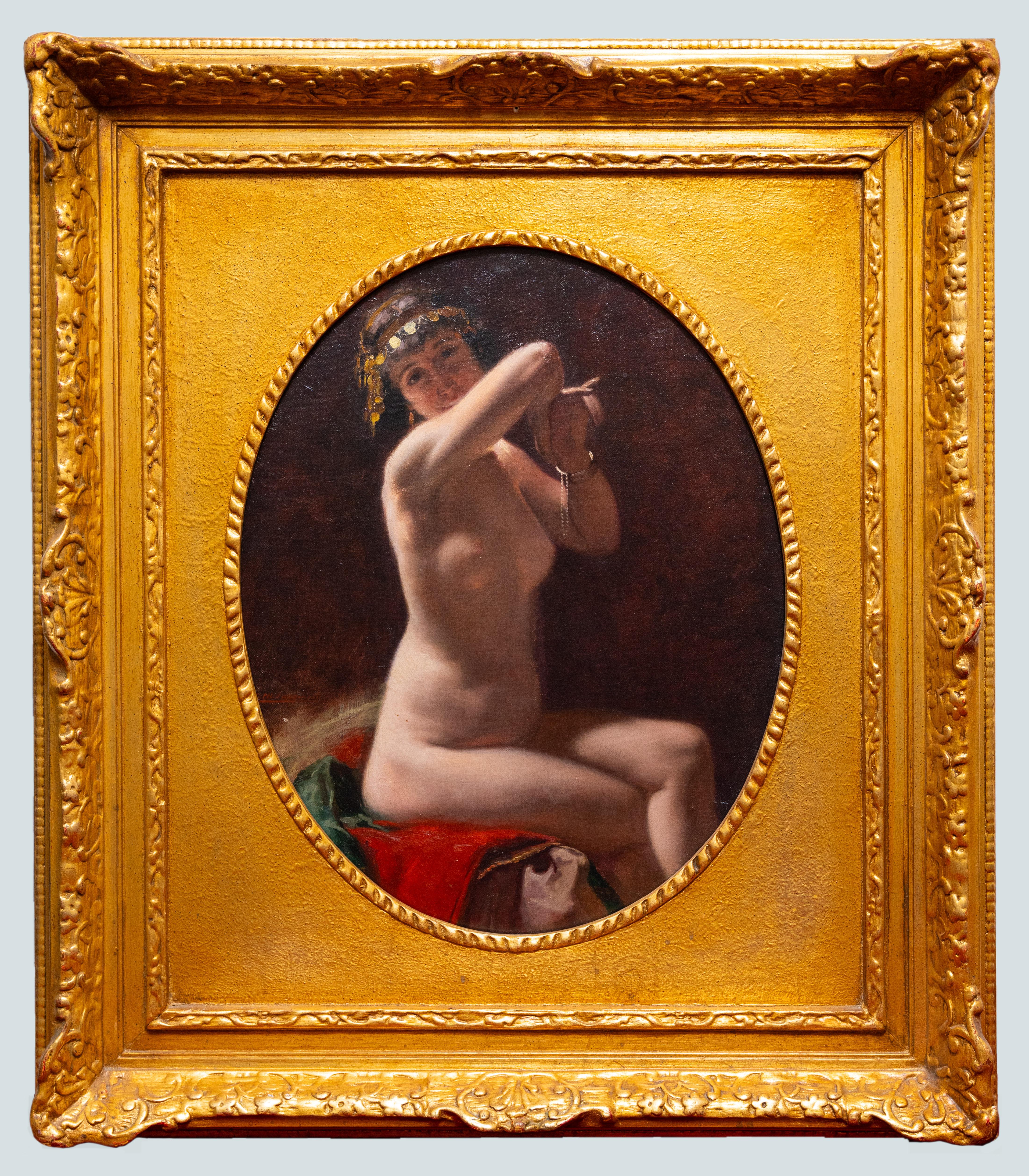 Peinture orientaliste de Georges Philippe Jacqmotte (1876-1949), peintre belge connu pour ses paysages et natures mortes impressionnistes. 

Le terme "odalisque" désigne en français une concubine dans un harem. Les odalisques étaient des sujets très