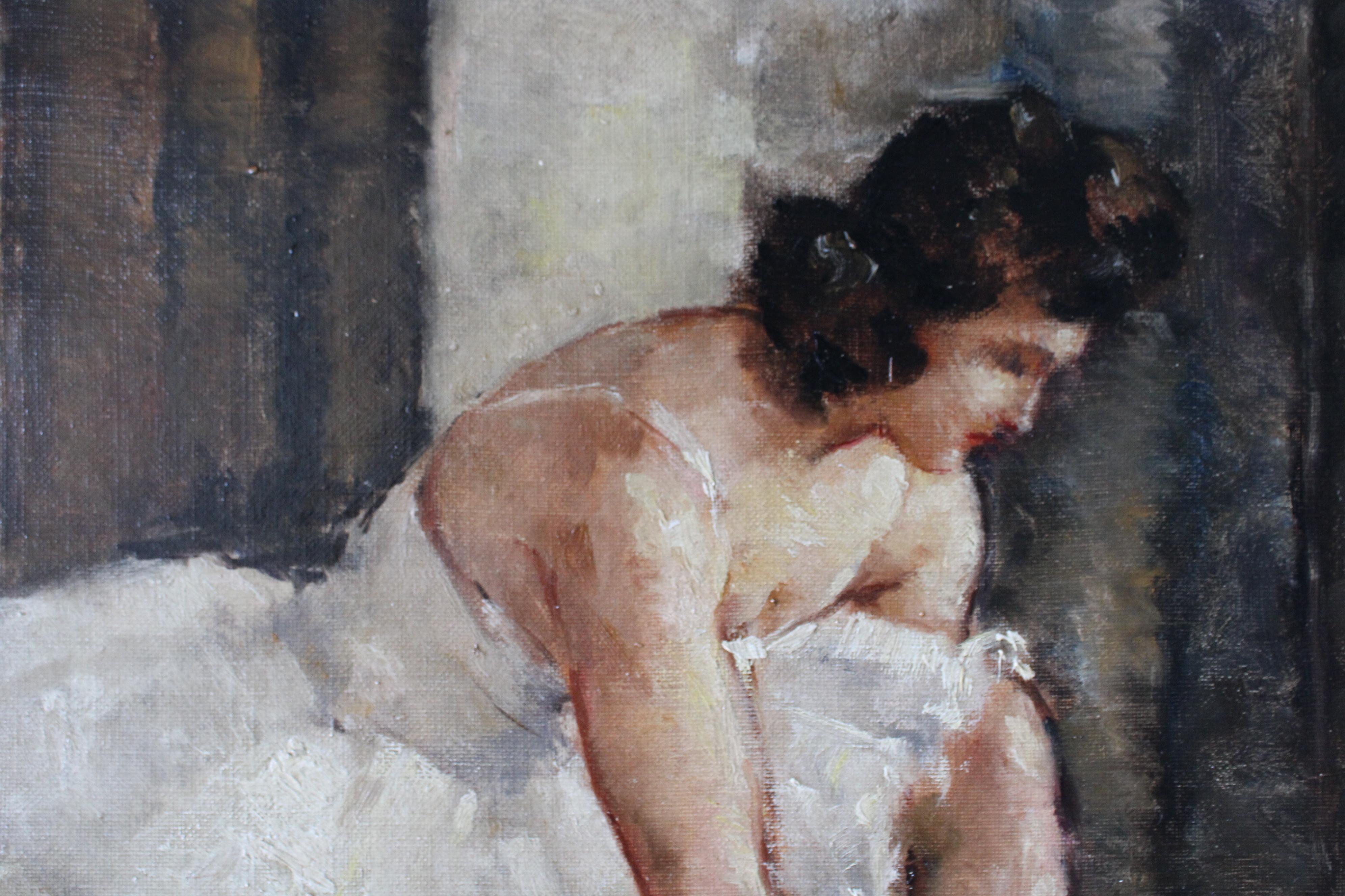 Antique impressionist portrait of a ballerina by Georges Guinegault (Grau), Portrait Painting, von Georges-Pierre Guinegault
