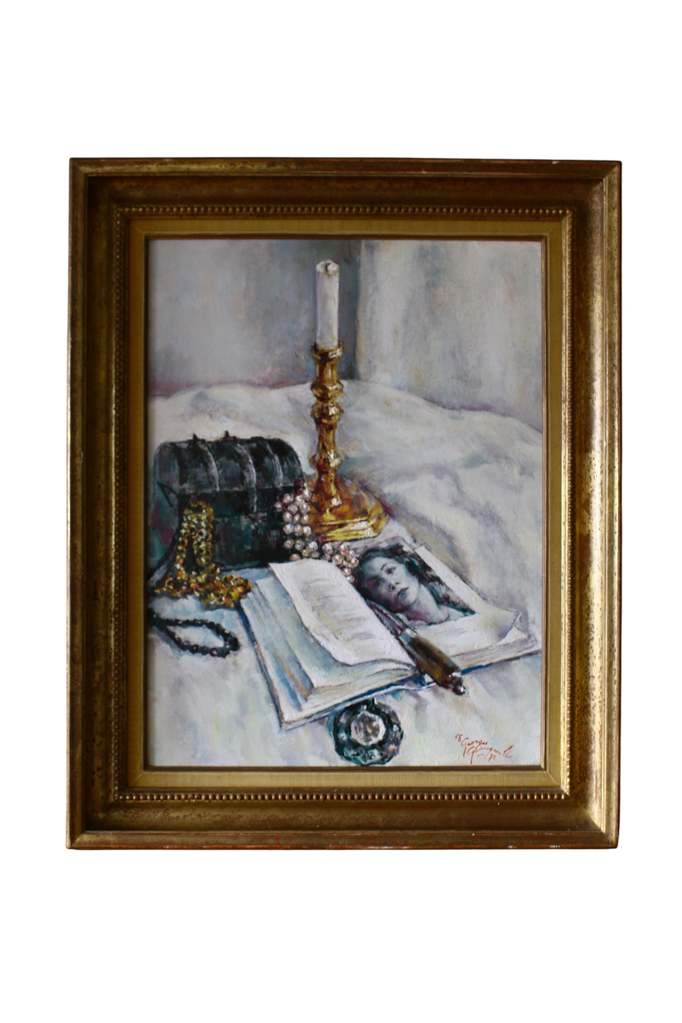 French vintage 1970
s Interior Oil Painting, Still Life Painting