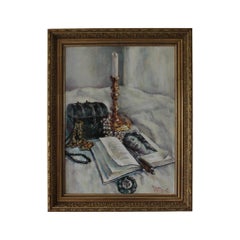Pittura ad olio d'interni francese vintage degli anni '70, Natura morta