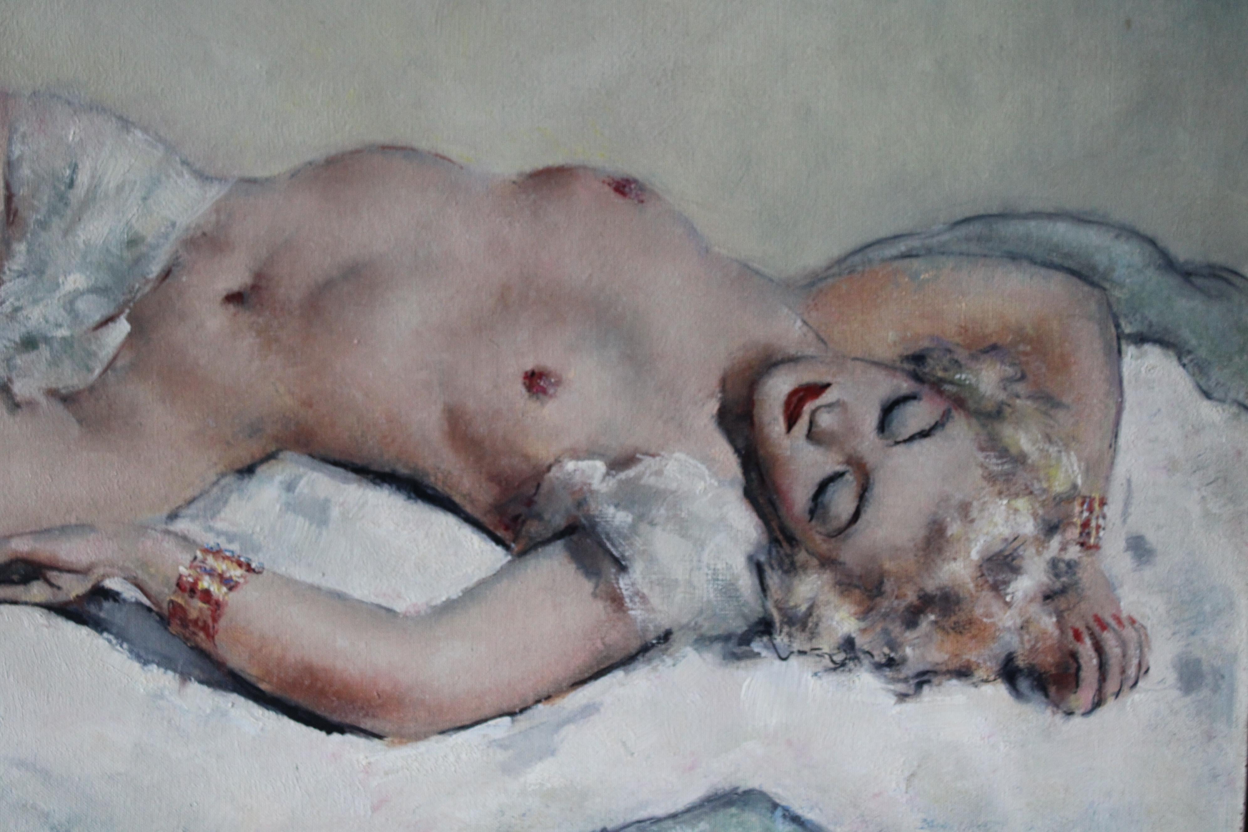 Gran óleo desnudo reclinado francés de mediados de siglo sobre lienzo en venta 7