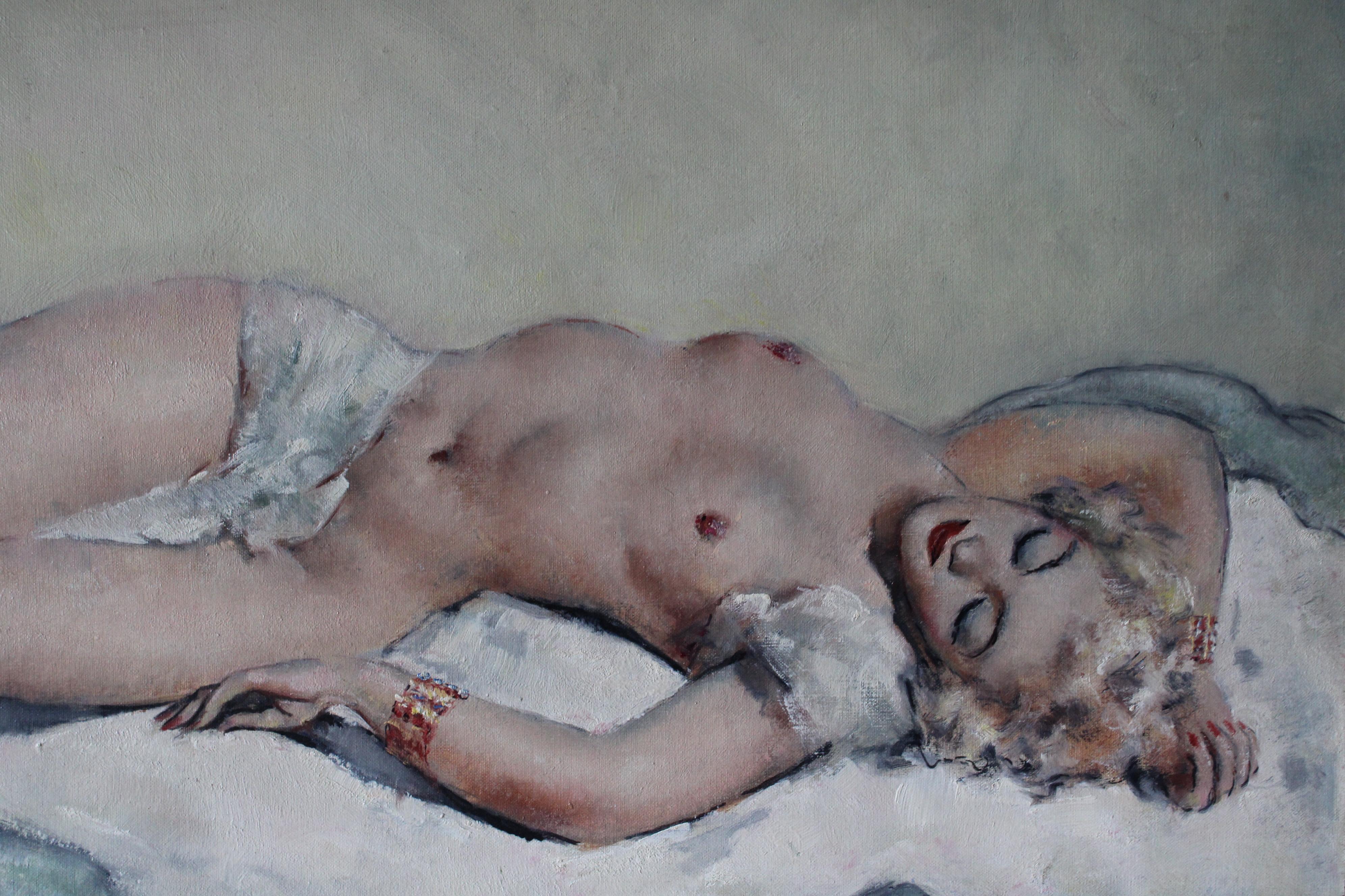 Gran óleo desnudo reclinado francés de mediados de siglo sobre lienzo - Painting de Georges-Pierre Guinegault