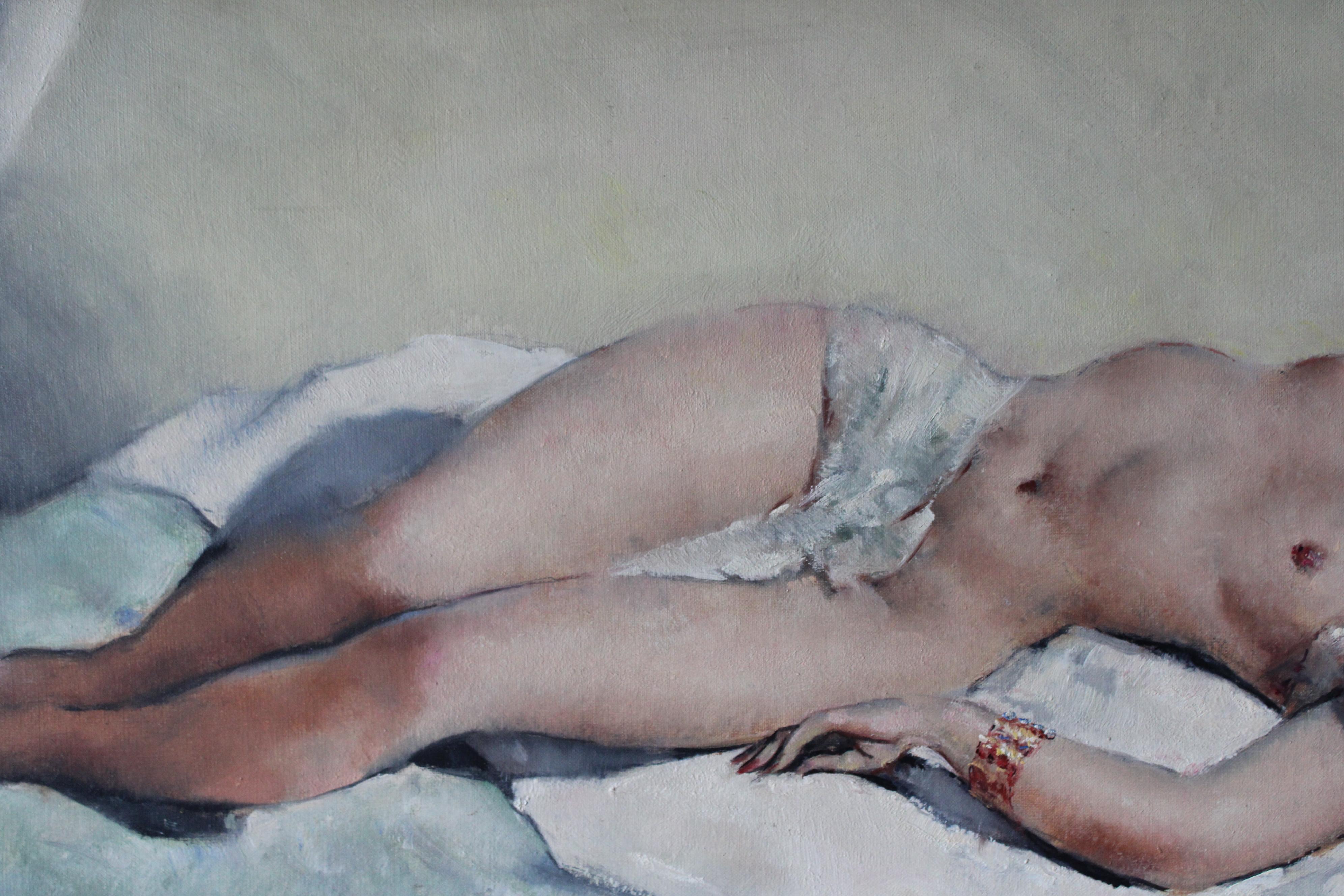 Gran óleo desnudo reclinado francés de mediados de siglo sobre lienzo en venta 4