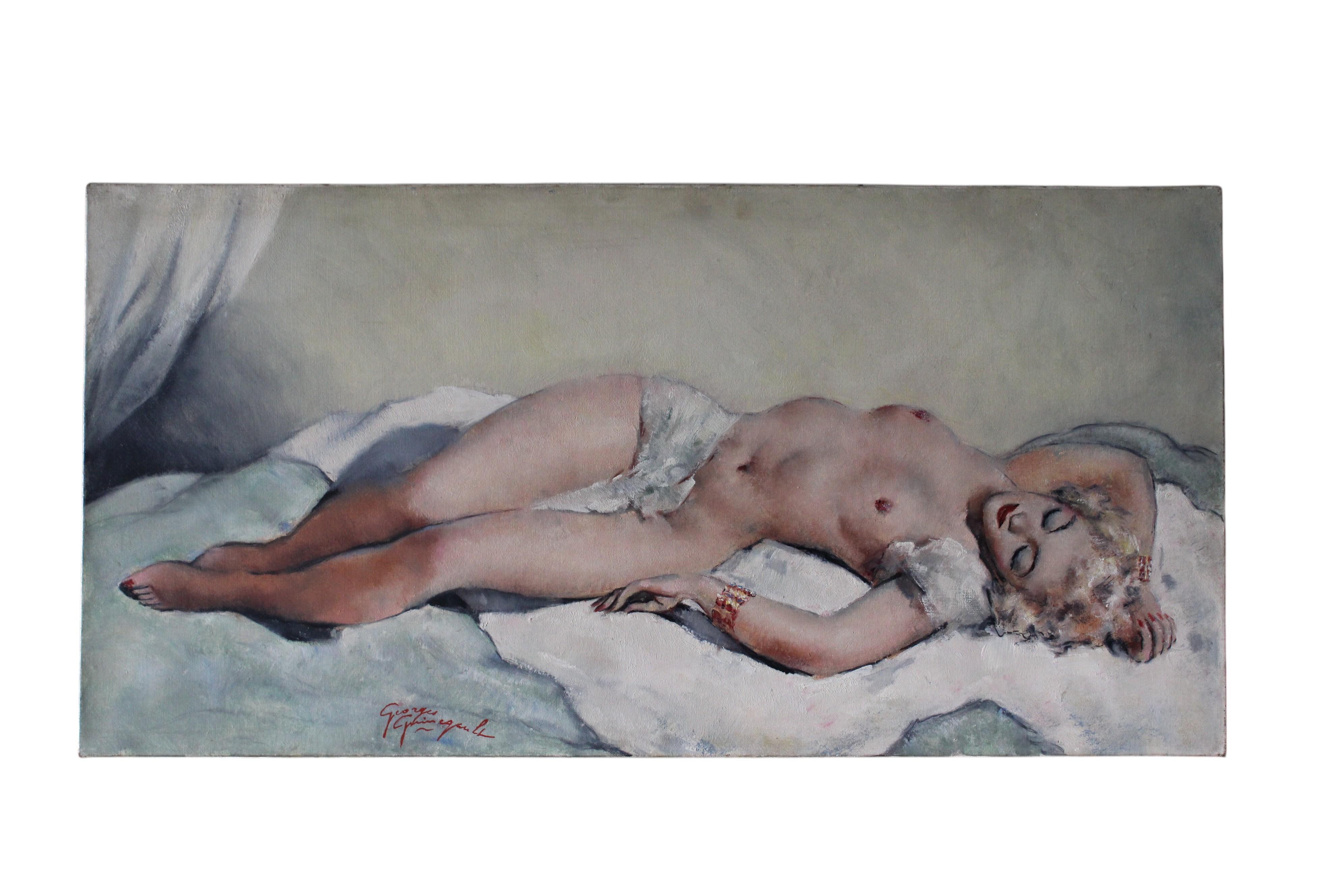 Portrait Painting de Georges-Pierre Guinegault - Gran óleo desnudo reclinado francés de mediados de siglo sobre lienzo