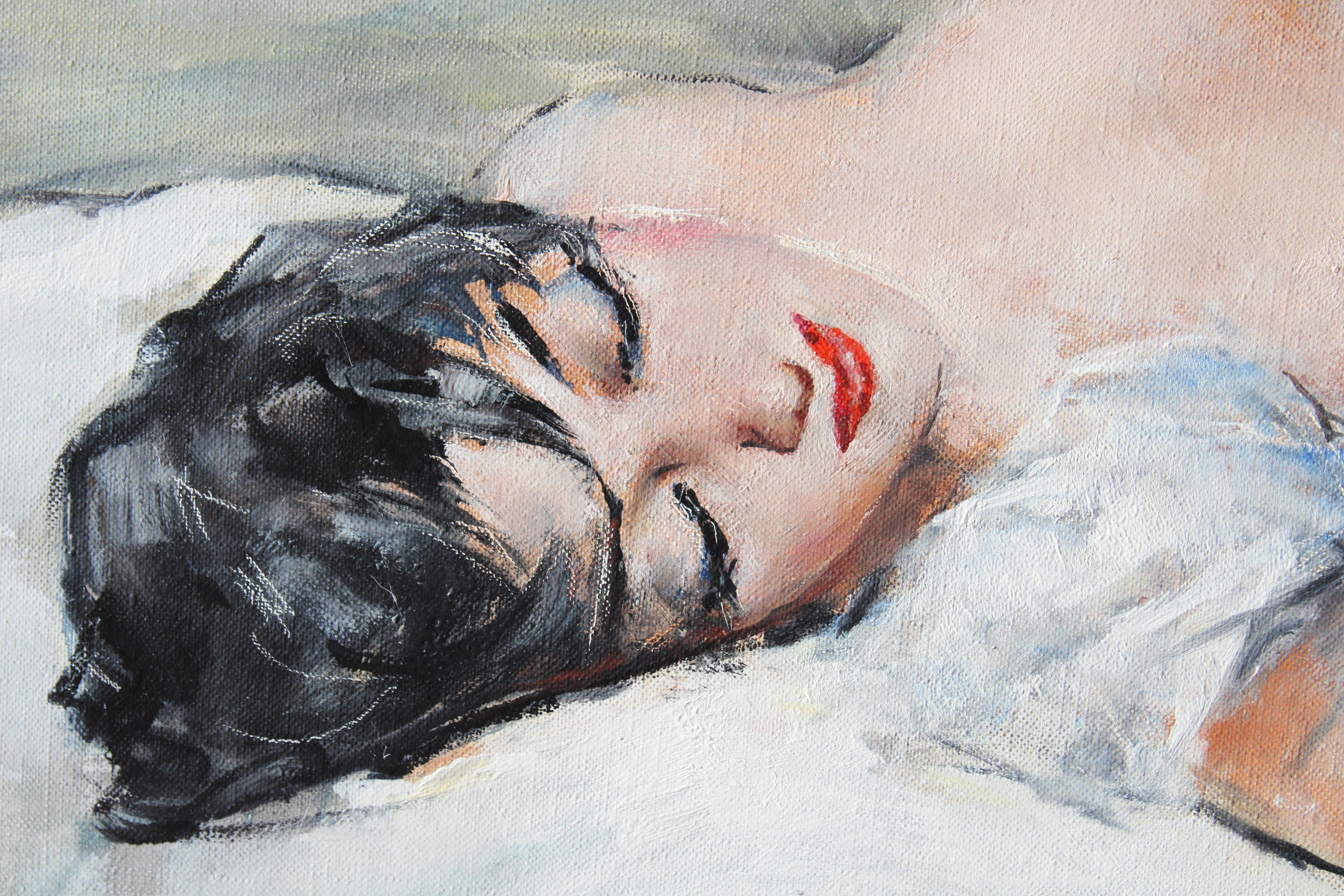 Akt Gemälde große weibliche Öl auf Leinwand von Französisch Künstler, Georges Guinegault (Grau), Portrait Painting, von Georges-Pierre Guinegault