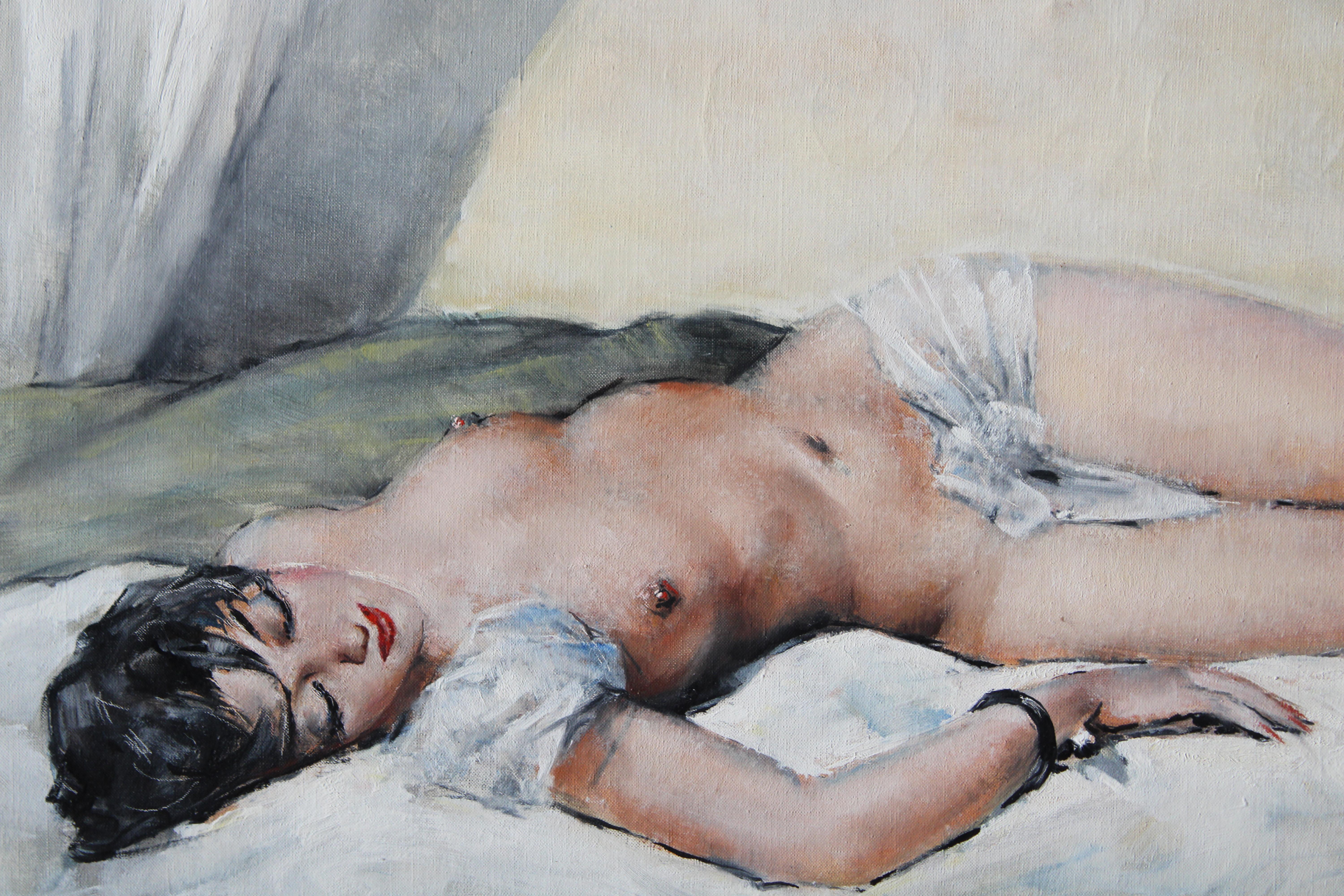 Akt Gemälde große weibliche Öl auf Leinwand von Französisch Künstler, Georges Guinegault im Angebot 1