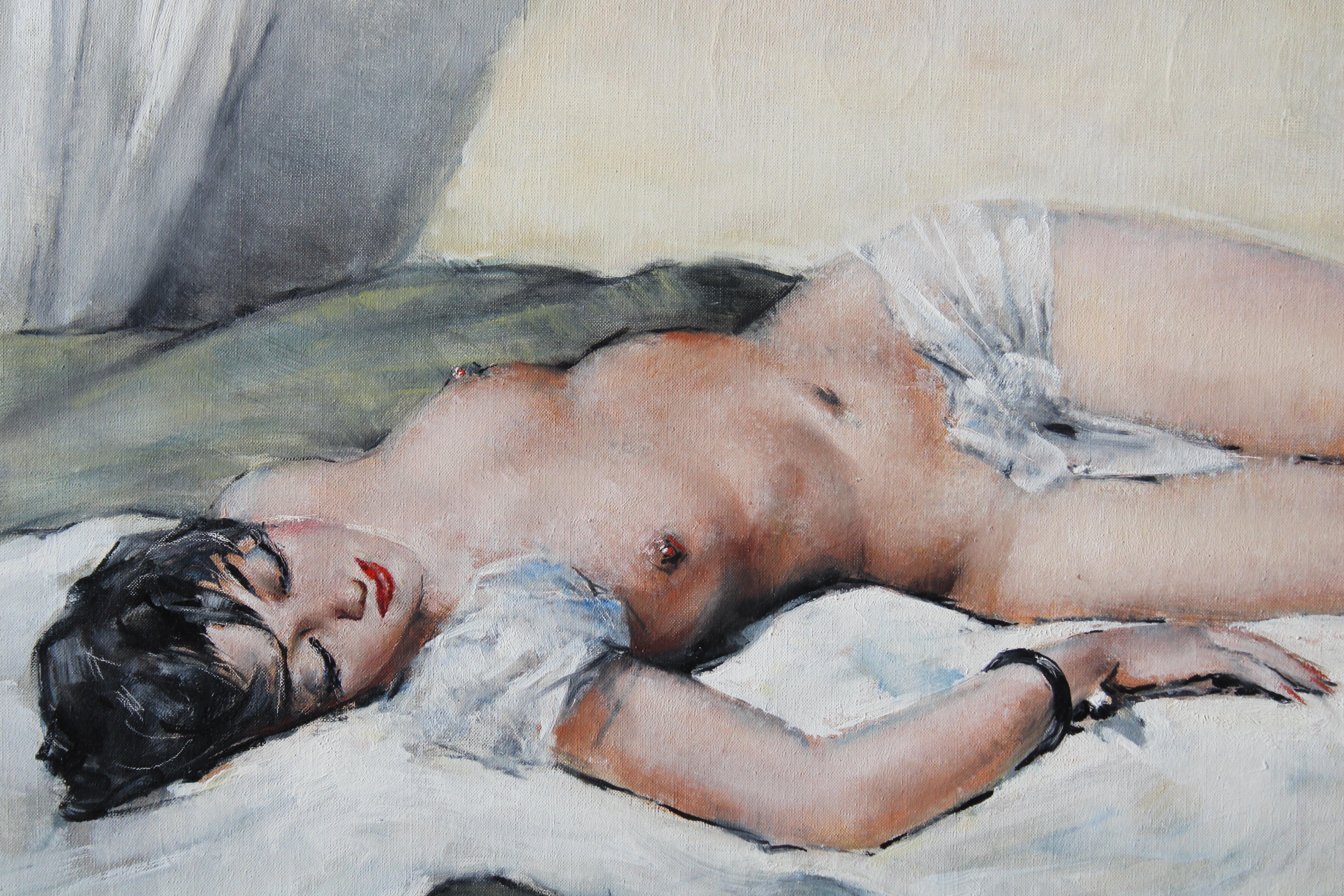 Akt Gemälde große weibliche Öl auf Leinwand von Französisch Künstler, Georges Guinegault im Angebot 4