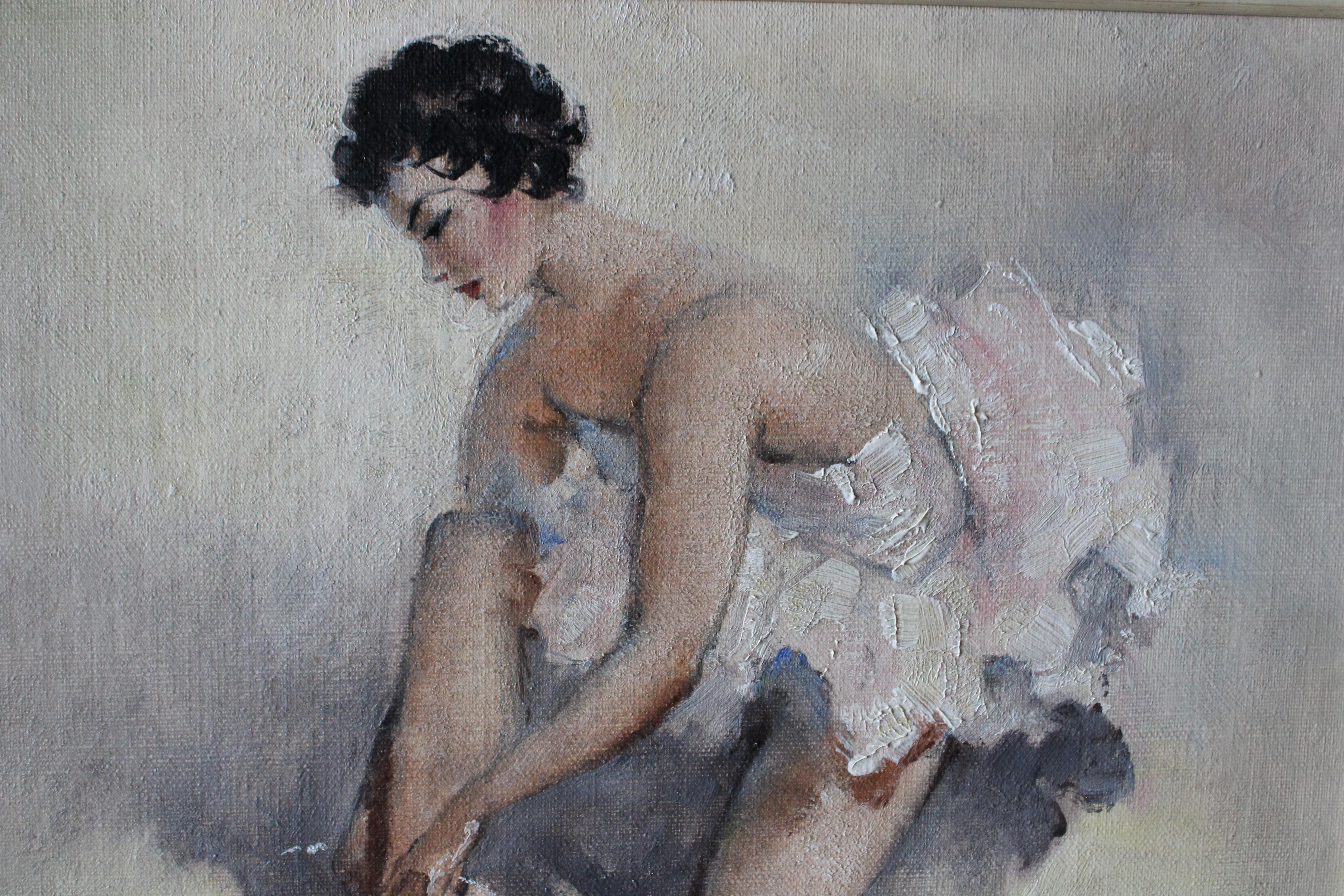 Post-impressionistisches Porträt einer Ballerina, Öl auf Leinwand, Mitte des Jahrhunderts (Grau), Portrait Painting, von Georges-Pierre Guinegault