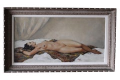 Nude Oil Painting, Mid-Century Female Nude Laying by Georges-Pierre Guinegault