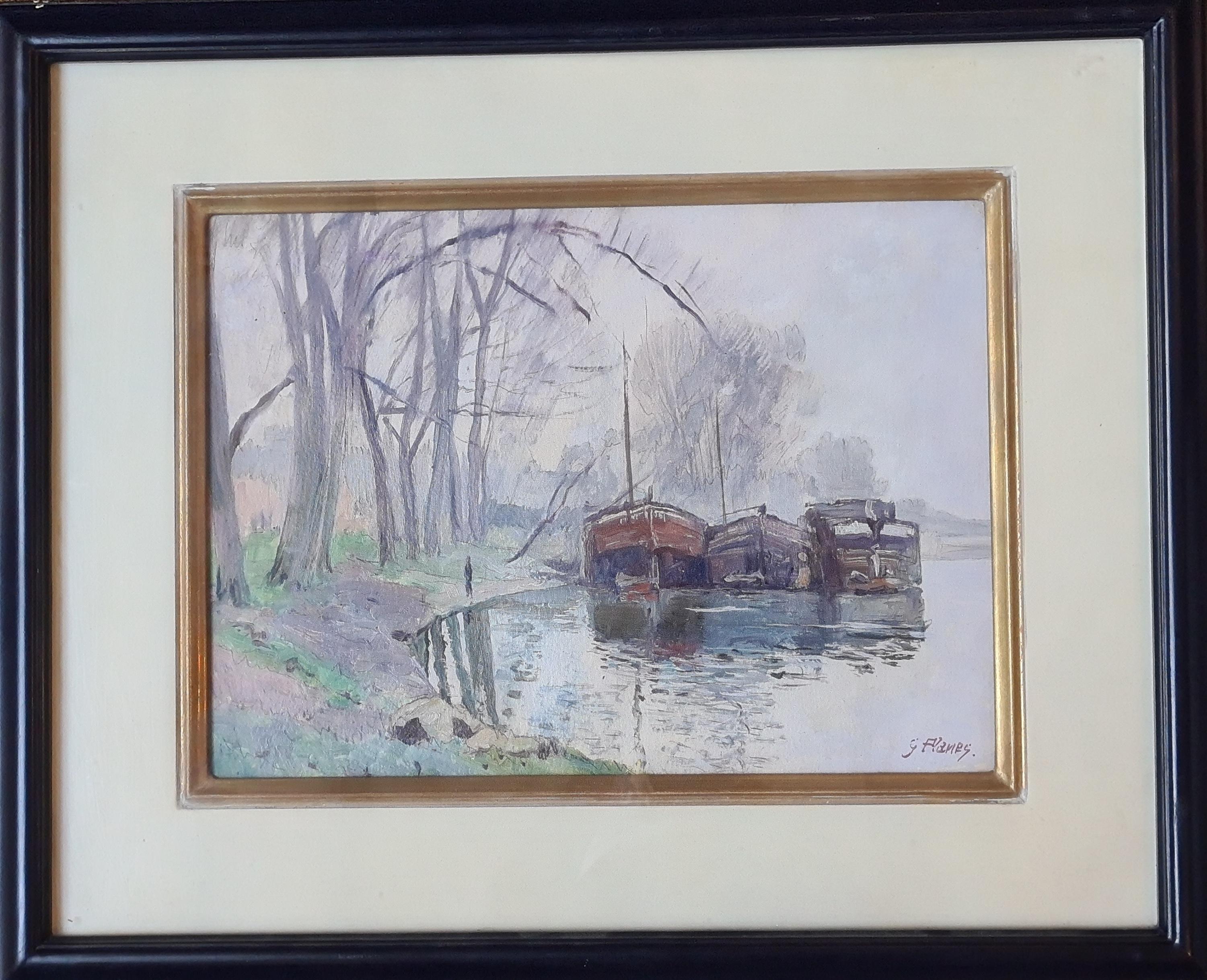 French Impressionist Painting, The River Barges - Gray Figurative Painting by Georges Planes