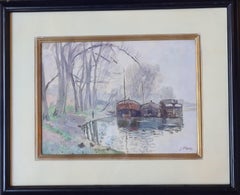 French Watercolor and Oil on Board Impressionist Painting, The River Barges.