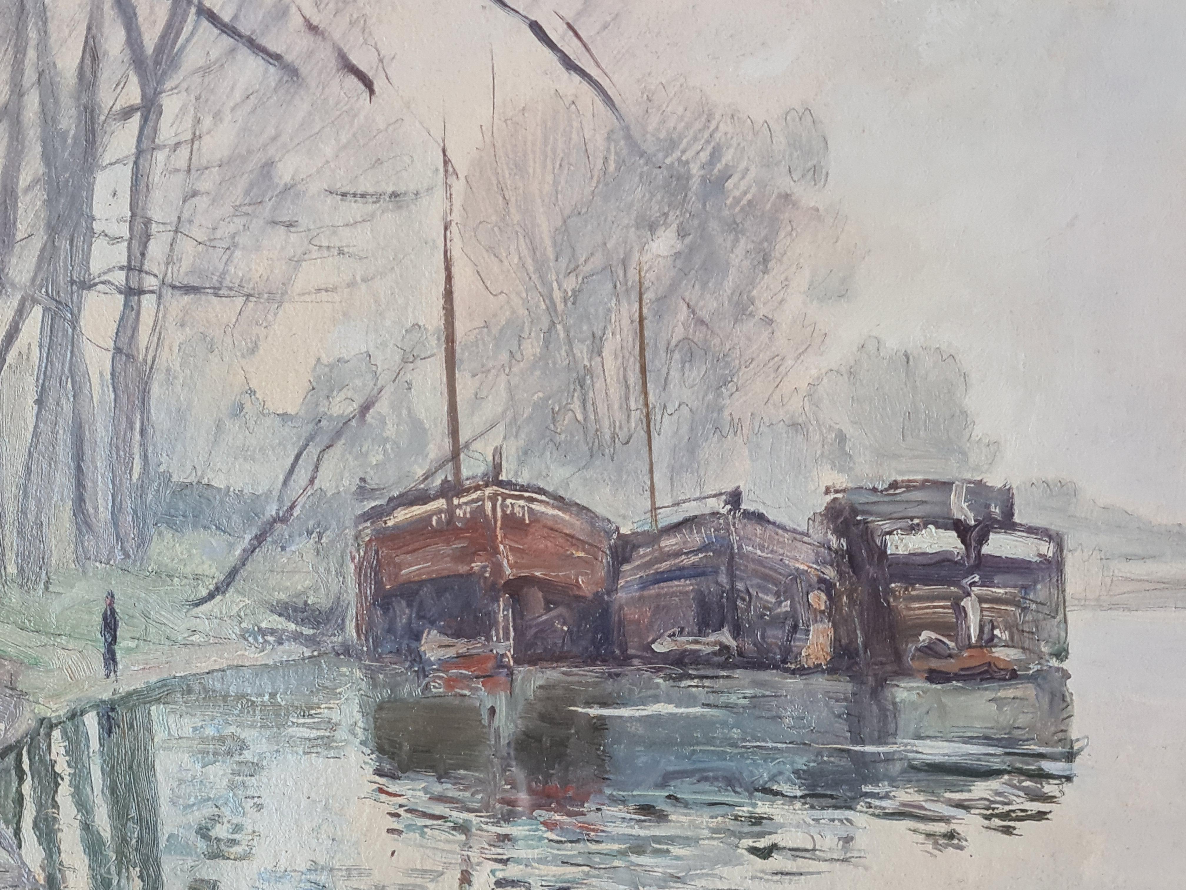 Französisches impressionistisches Gemälde, Der Fluss Barges (Grau), Figurative Painting, von Georges Planes