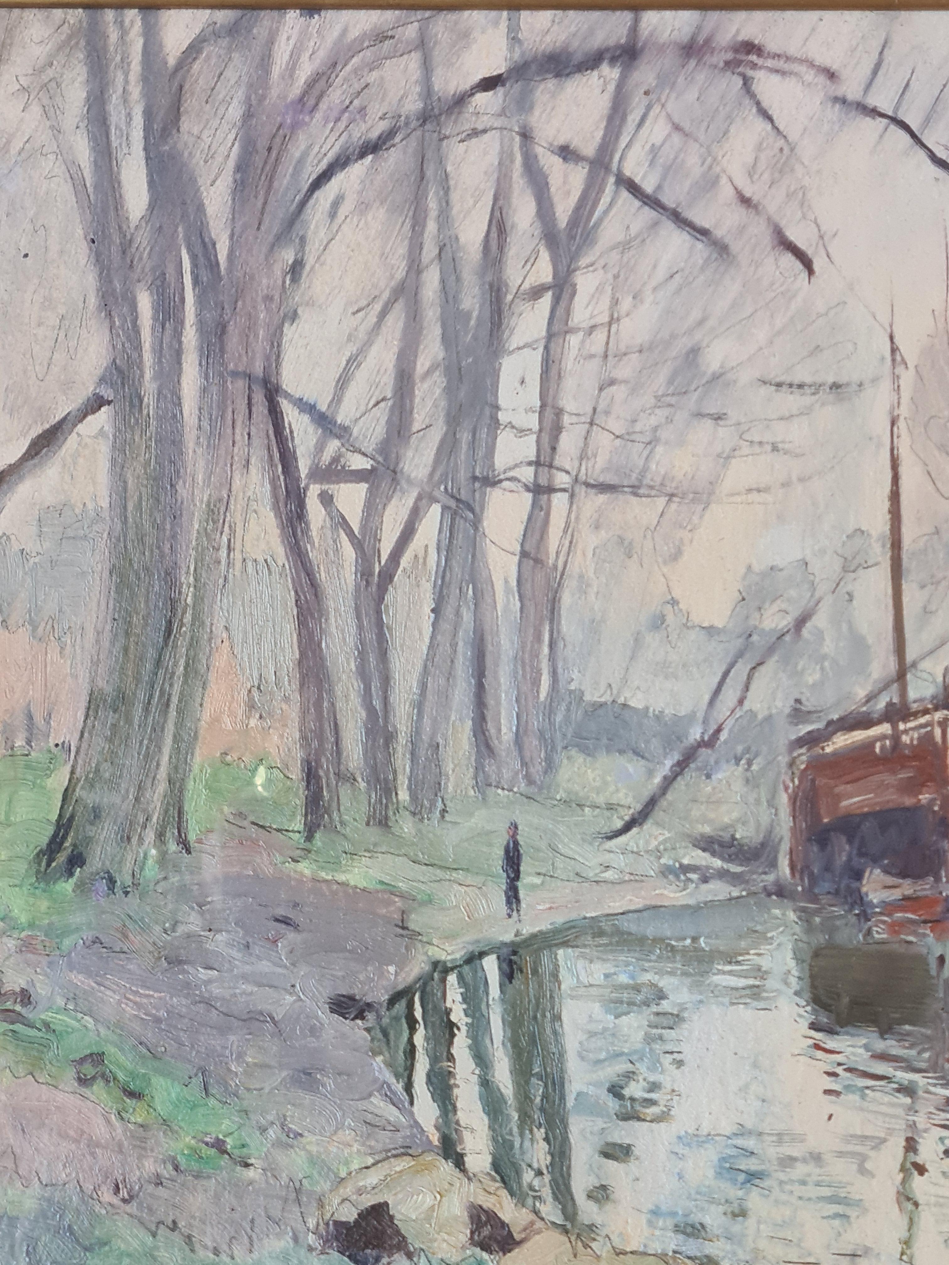 Ansicht von Lastkähnen an einem Flussufer aus dem frühen 20. Jahrhundert von dem französischen Künstler Georges Planes. Das Gemälde ist unten rechts signiert. Das Gemälde ist sehr schön gerahmt in einem blau lackierten Holzrahmen mit tiefem Einsatz