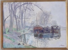 Antique French Impressionist Painting, The River Barges