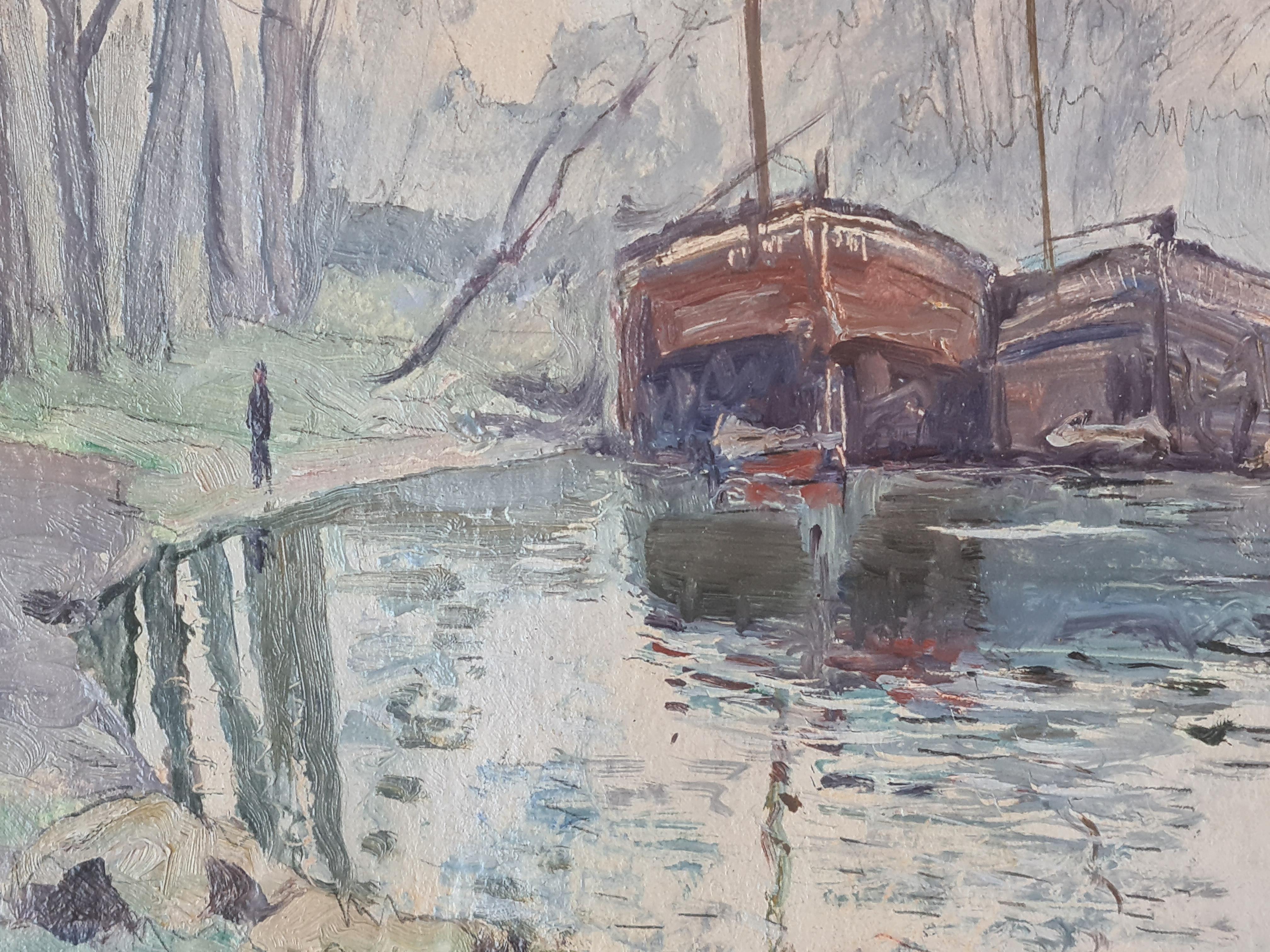 Pair of French Impressionist Paintings, The City of Rouen and the River Barges For Sale 9