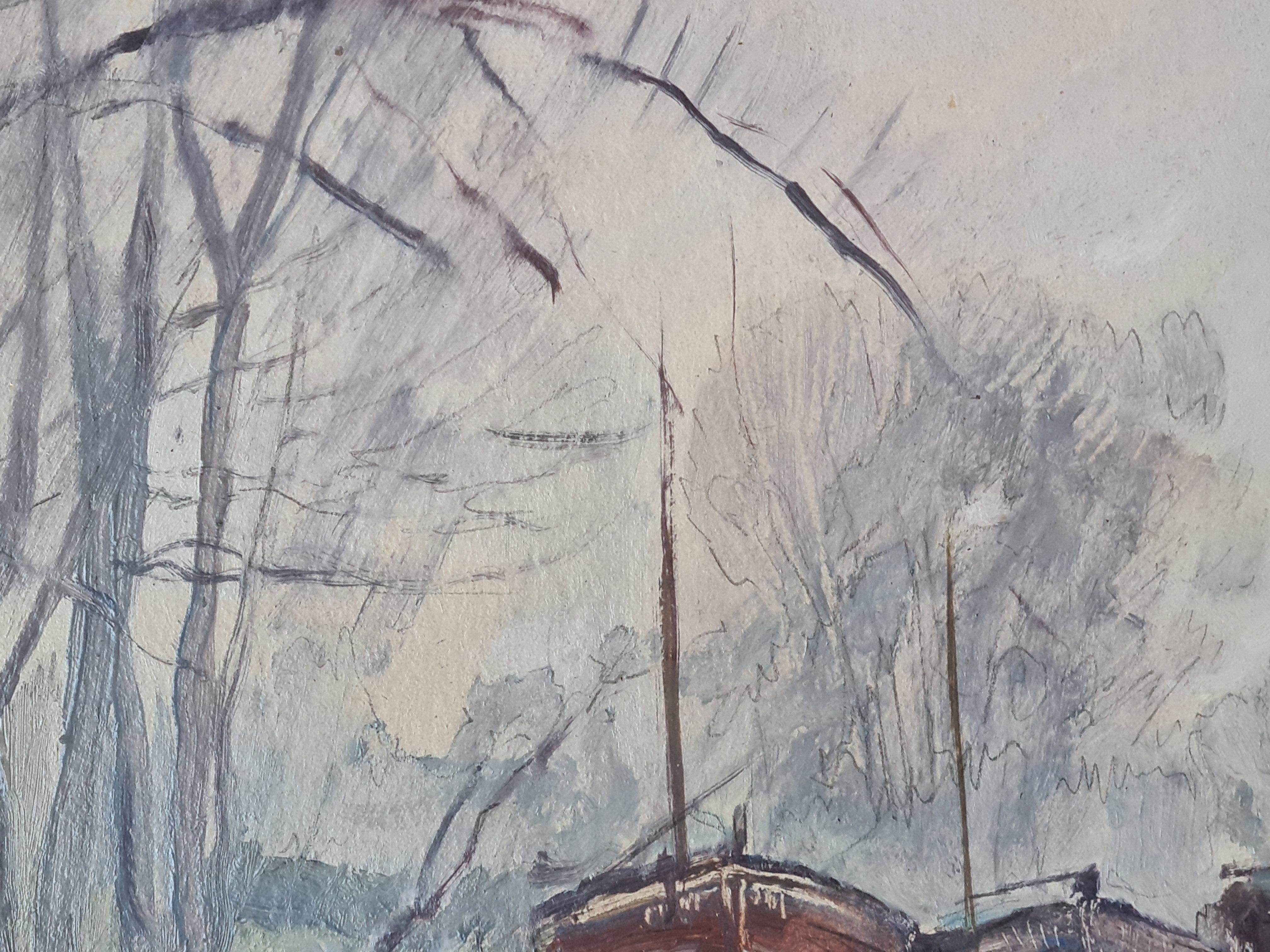 Pair of French Impressionist Paintings, The City of Rouen and the River Barges For Sale 11