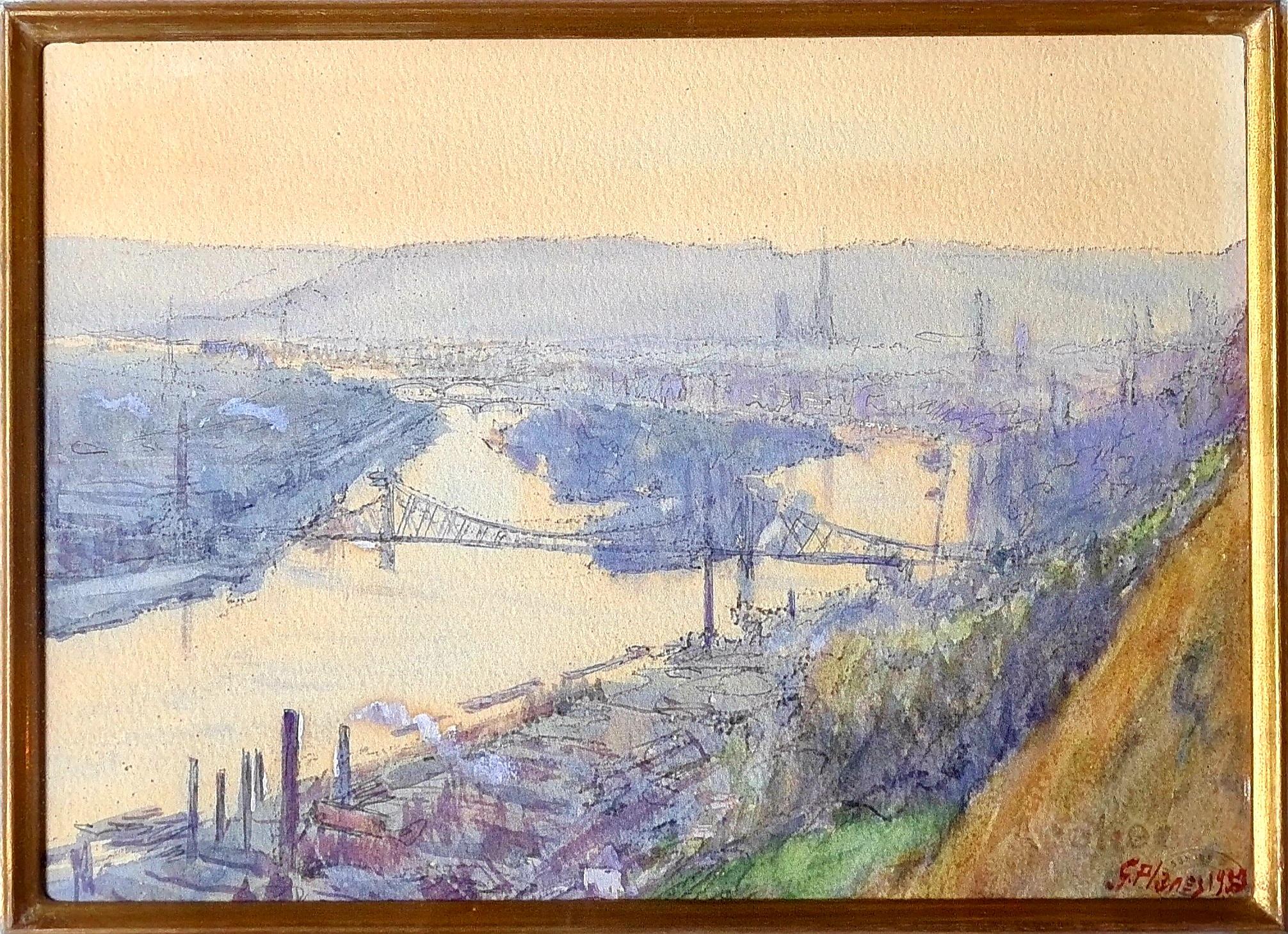 Pair of French Impressionist Paintings, The City of Rouen and the River Barges - Art by Georges Planes