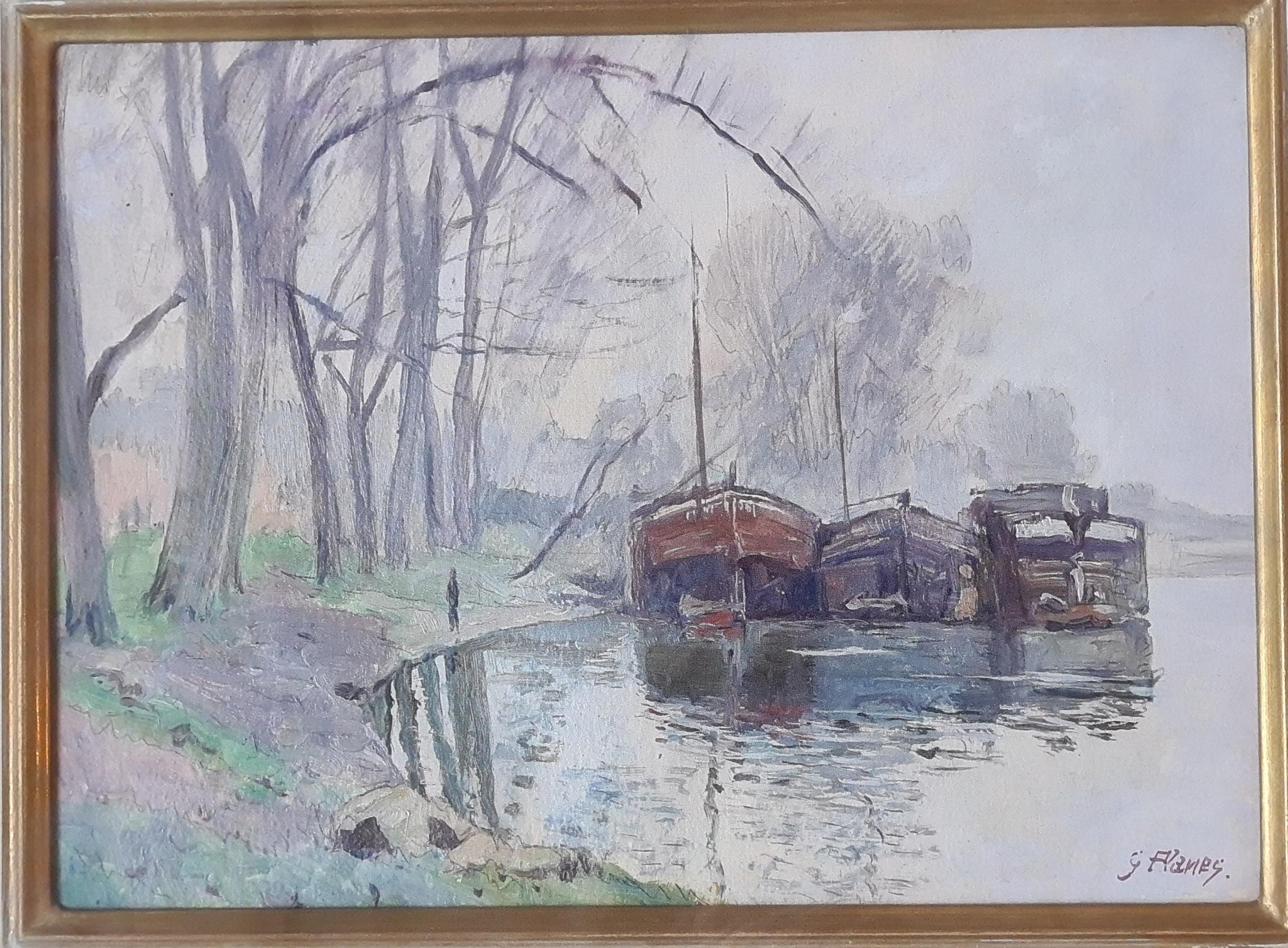 Pair of French Impressionist Paintings, The City of Rouen and the River Barges - Gray Landscape Art by Georges Planes