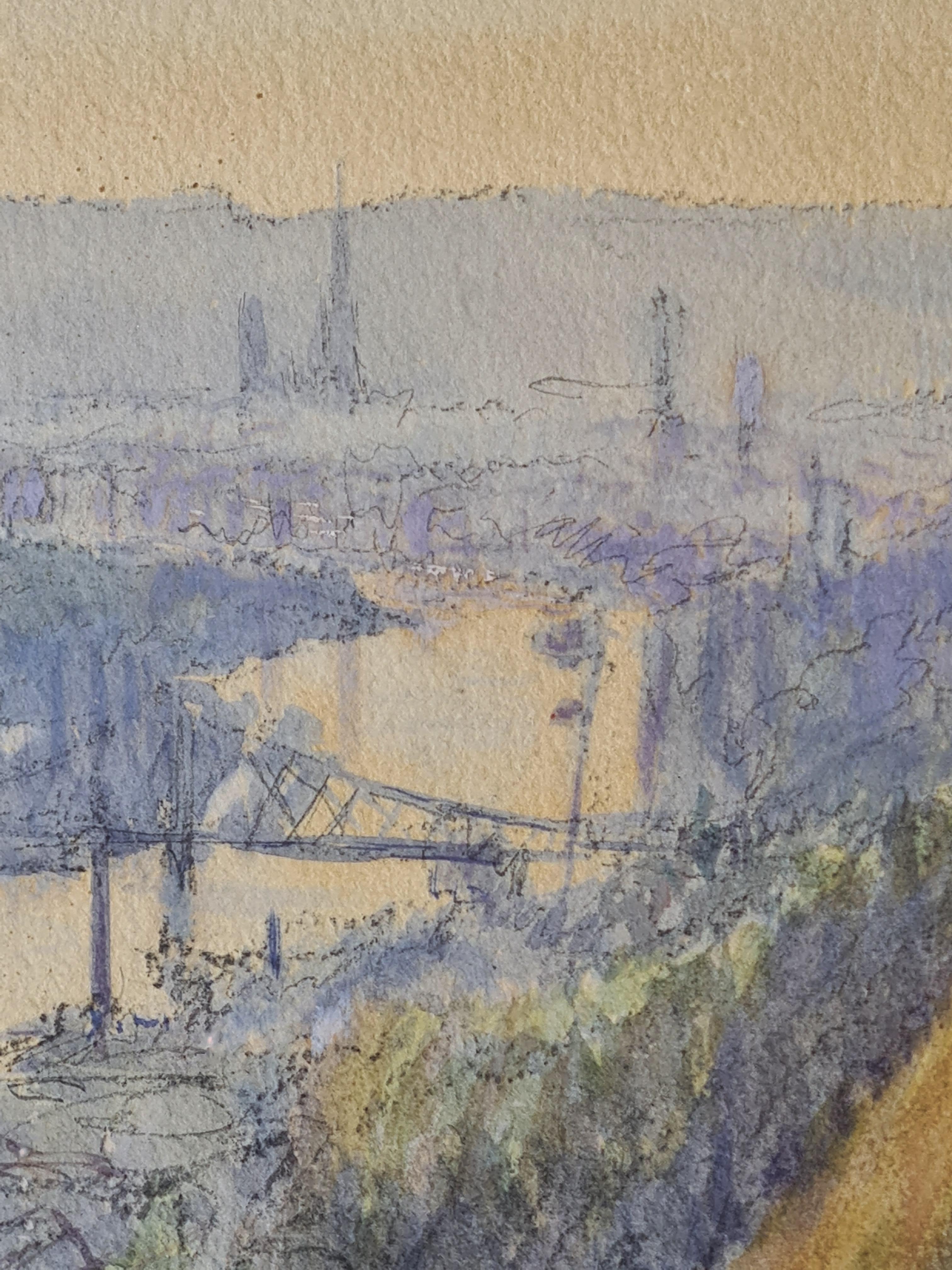 Pair of French Impressionist Paintings, The City of Rouen and the River Barges For Sale 4