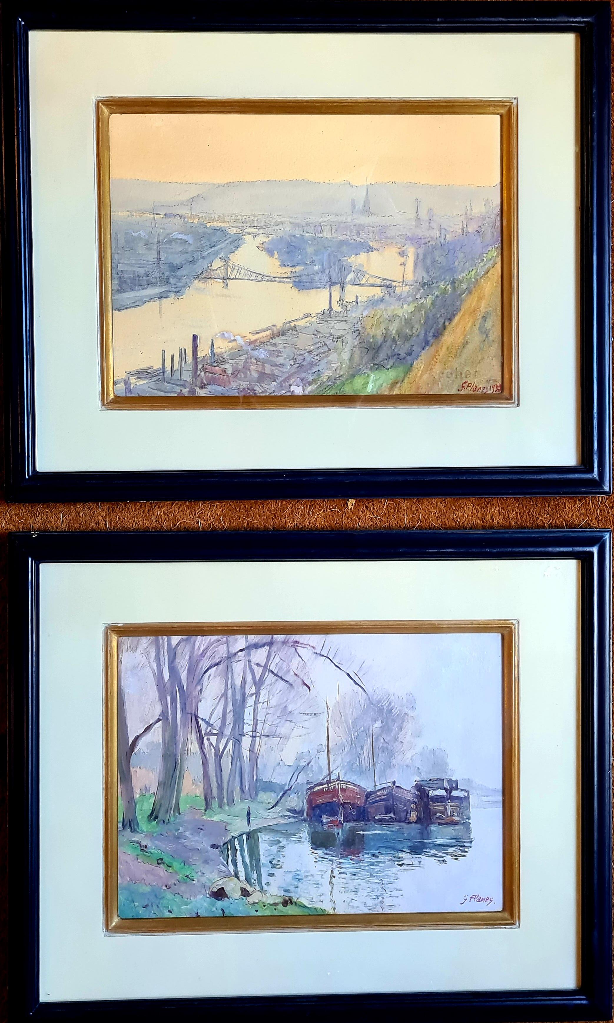 Pair of French Impressionist Paintings, The City of Rouen and the River Barges