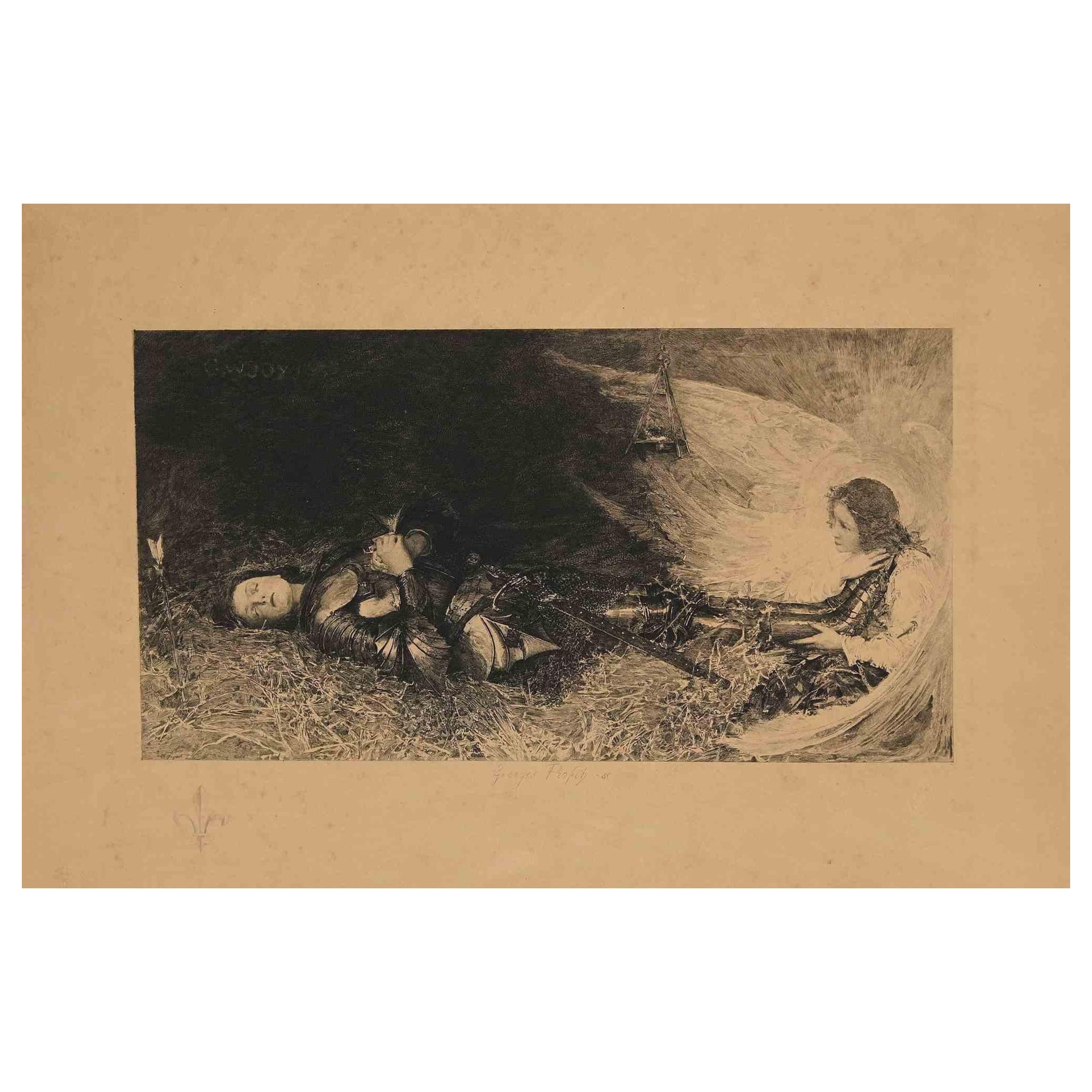 La Mort et l'Ange est une lithographie sur carton réalisée par Georges Profit à la fin du XIXe siècle.

Signé sur la plaque en bas au centre.

L'état de conservation de l'œuvre est bon avec un pliage central sur le carton.

L'œuvre est représentée