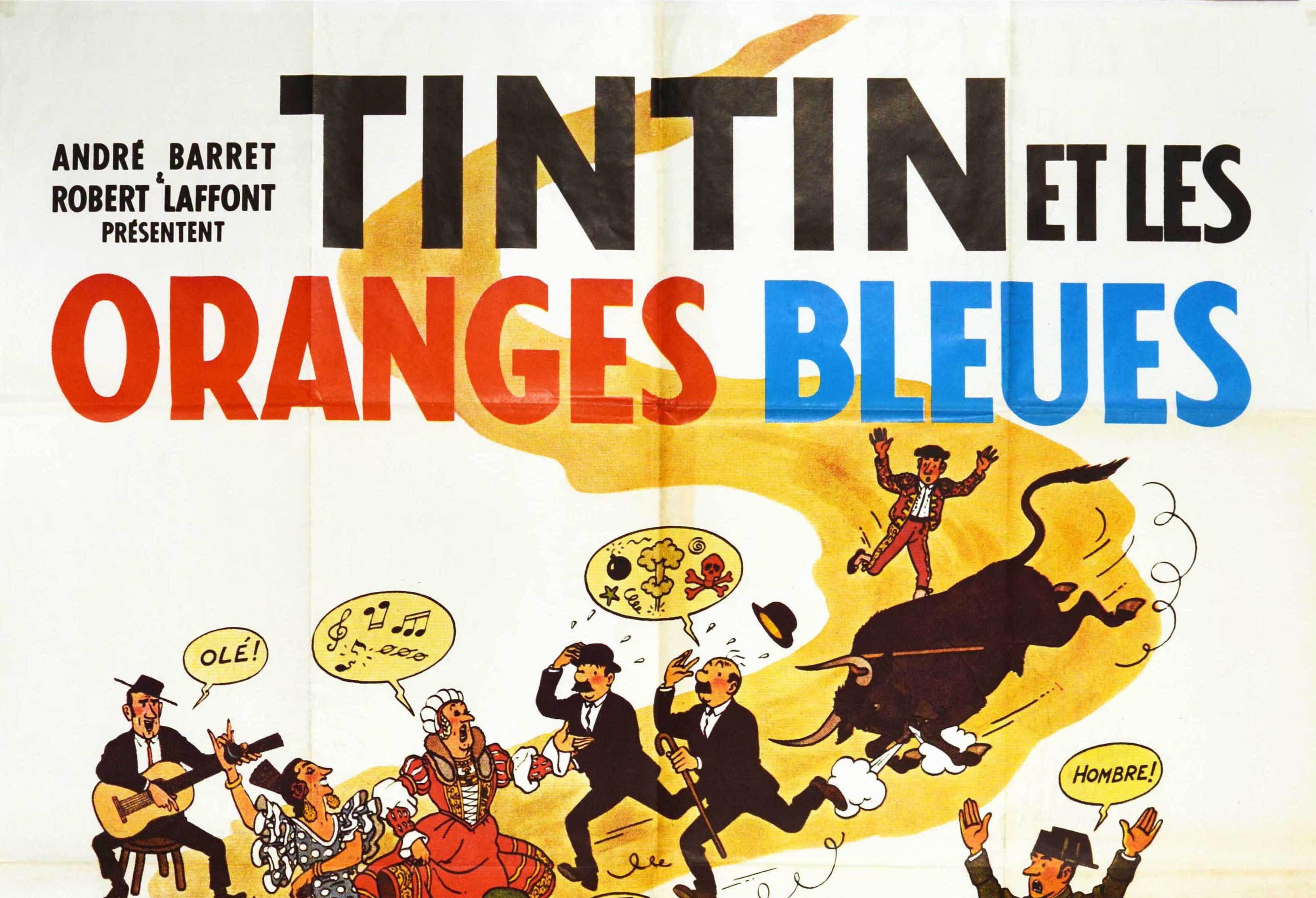Originales altes Filmplakat für den französisch-spanischen Zeichentrickfilm Tim und die blauen Orangen / Tintin et les Oranges Bleues, der auf der Comicreihe Die Abenteuer von Tim und Struppi des belgischen Zeichners Herge (Georges Prosper Remi;