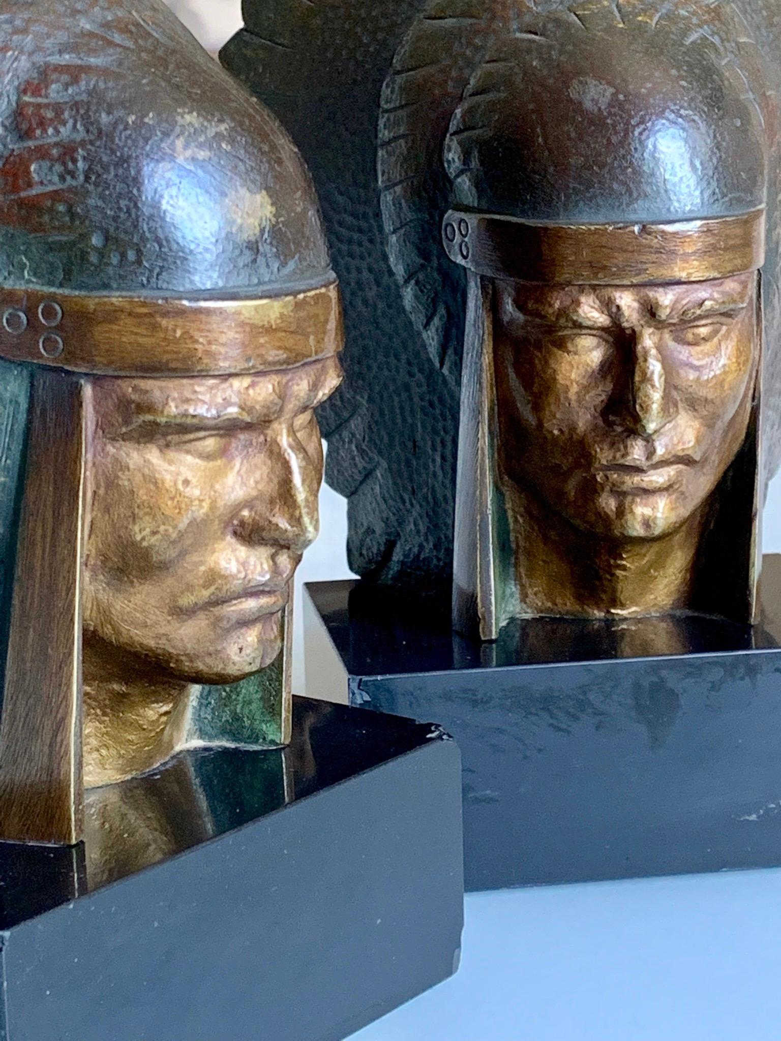 Georges-Raoul Garreau Art Deco Pair Bronze Native American Chiefs For Sale 1